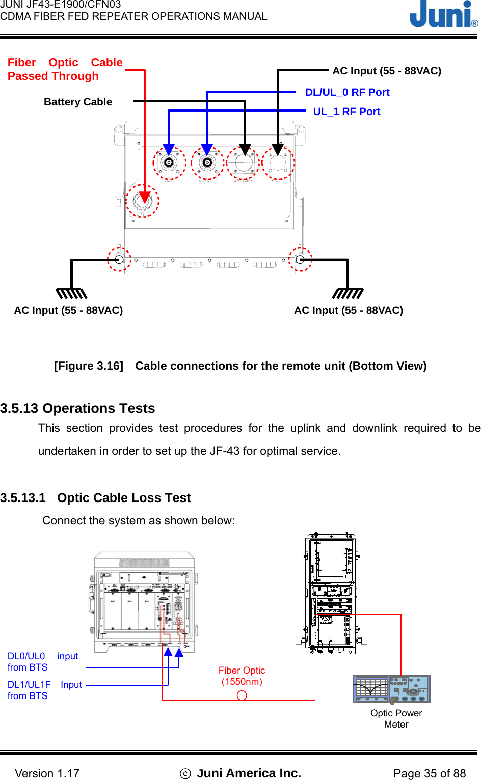  JUNI JF43-E1900/CFN03 CDMA FIBER FED REPEATER OPERATIONS MANUAL                                    Version 1.17  ⓒ Juni America Inc. Page 35 of 88  [Figure 3.16]    Cable connections for the remote unit (Bottom View)  3.5.13 Operations Tests This section provides test procedures for the uplink and downlink required to be undertaken in order to set up the JF-43 for optimal service.    3.5.13.1  Optic Cable Loss Test Connect the system as shown below:  Fiber Optic (1550nm)DL1/UL1F Inputfrom BTS   DL0/UL0 inputfrom BTS Optic Power Meter Fiber Optic CablePassed Through UL_1 RF Port DL/UL_0 RF Port AC Input (55 - 88VAC) Battery Cable AC Input (55 - 88VAC) AC Input (55 - 88VAC) 