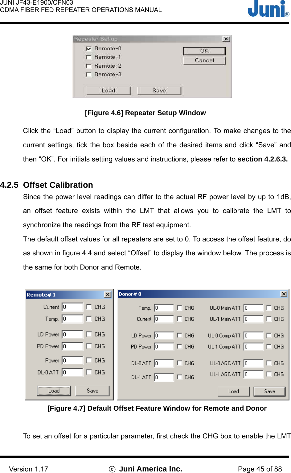  JUNI JF43-E1900/CFN03 CDMA FIBER FED REPEATER OPERATIONS MANUAL                                    Version 1.17  ⓒ Juni America Inc. Page 45 of 88  [Figure 4.6] Repeater Setup Window Click the “Load” button to display the current configuration. To make changes to the current settings, tick the box beside each of the desired items and click “Save” and then “OK”. For initials setting values and instructions, please refer to section 4.2.6.3.  4.2.5 Offset Calibration Since the power level readings can differ to the actual RF power level by up to 1dB, an offset feature exists within the LMT that allows you to calibrate the LMT to synchronize the readings from the RF test equipment. The default offset values for all repeaters are set to 0. To access the offset feature, do as shown in figure 4.4 and select “Offset” to display the window below. The process is the same for both Donor and Remote.     [Figure 4.7] Default Offset Feature Window for Remote and Donor  To set an offset for a particular parameter, first check the CHG box to enable the LMT 