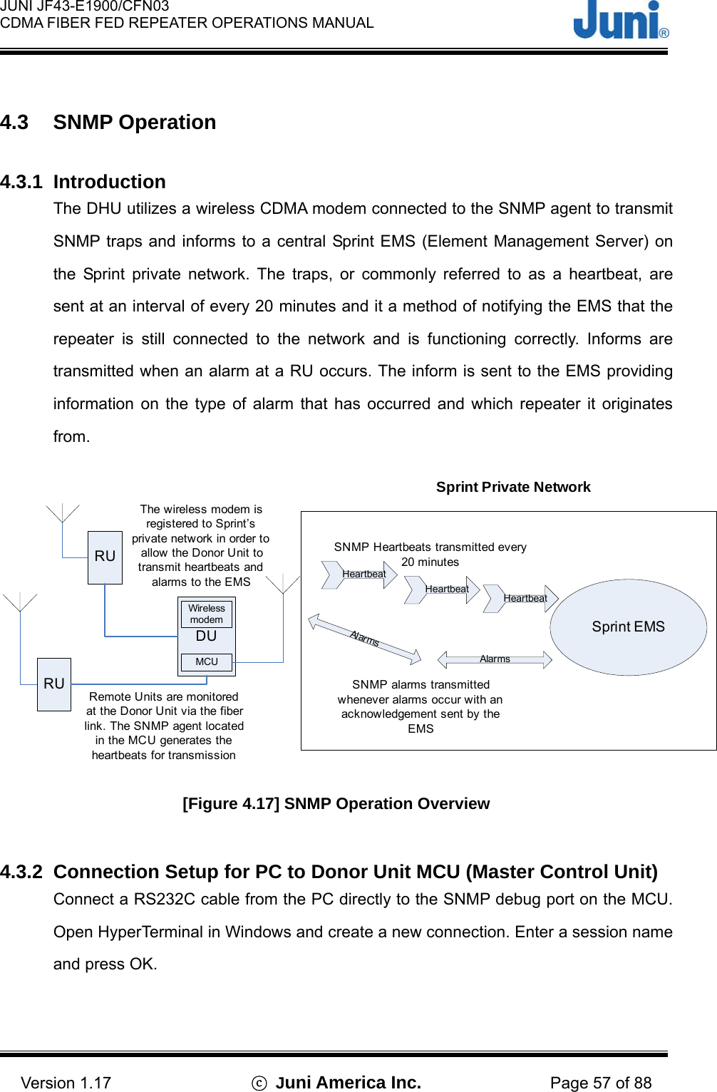  JUNI JF43-E1900/CFN03 CDMA FIBER FED REPEATER OPERATIONS MANUAL                                    Version 1.17  ⓒ Juni America Inc. Page 57 of 88  4.3 SNMP Operation  4.3.1 Introduction The DHU utilizes a wireless CDMA modem connected to the SNMP agent to transmit SNMP traps and informs to a central Sprint EMS (Element Management Server) on the Sprint private network. The traps, or commonly referred to as a heartbeat, are sent at an interval of every 20 minutes and it a method of notifying the EMS that the repeater is still connected to the network and is functioning correctly. Informs are transmitted when an alarm at a RU occurs. The inform is sent to the EMS providing information on the type of alarm that has occurred and which repeater it originates from. DURURUMCUHeartbeatSNMP Heartbeats transmitted every 20 minutesWireless modemRemote Units are monitored at the Donor Unit via the fiber link. The SNMP agent located in the MCU generates the heartbeats for transmissionThe wireless modem is registered to Sprint’s private network in order to allow the Donor Unit to transmit heartbeats and alarms to the EMSSNMP alarms transmitted whenever alarms occur with an acknowledgement sent by the EMSAlarmsAlarmsSprint Private NetworkSprint EMSHeartbeat Heartbeat[Figure 4.17] SNMP Operation Overview  4.3.2  Connection Setup for PC to Donor Unit MCU (Master Control Unit) Connect a RS232C cable from the PC directly to the SNMP debug port on the MCU. Open HyperTerminal in Windows and create a new connection. Enter a session name and press OK.   