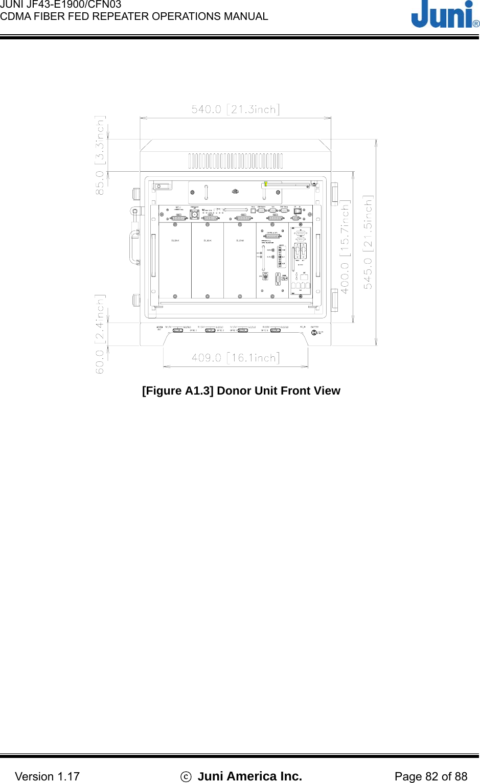  JUNI JF43-E1900/CFN03 CDMA FIBER FED REPEATER OPERATIONS MANUAL                                    Version 1.17  ⓒ Juni America Inc. Page 82 of 88   [Figure A1.3] Donor Unit Front View  