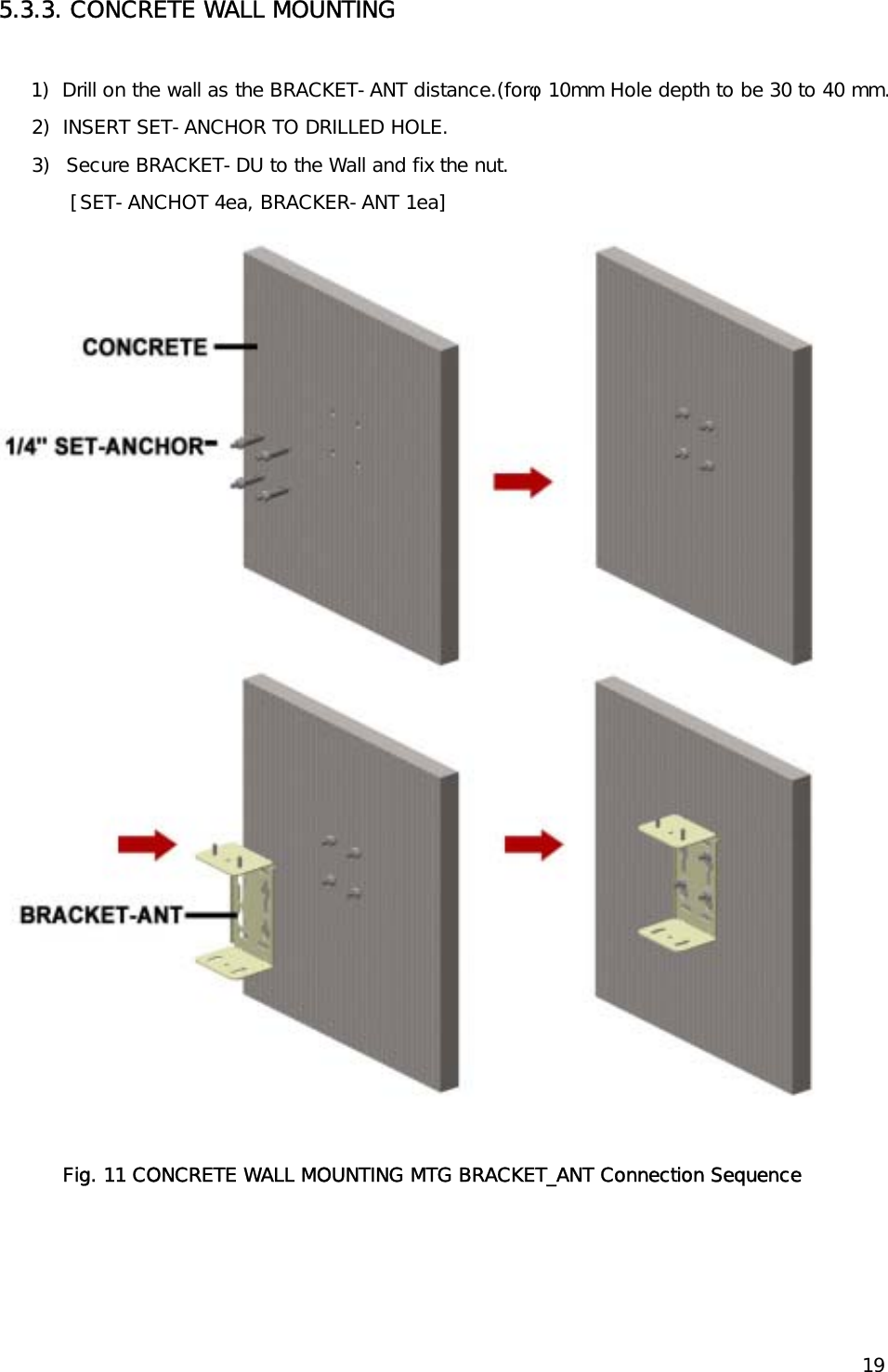   195.3.3. CONCRETE WALL MOUNTING          1)  Drill on the wall as the BRACKET-ANT distance.(forφ 10mm Hole depth to be 30 to 40 mm. 2)  INSERT SET-ANCHOR TO DRILLED HOLE. 3)  Secure BRACKET-DU to the Wall and fix the nut. [SET-ANCHOT 4ea, BRACKER-ANT 1ea]  Fig. 11 CONCRETE WALL MOUNTING MTG BRACKET_ANT Connection Sequence  