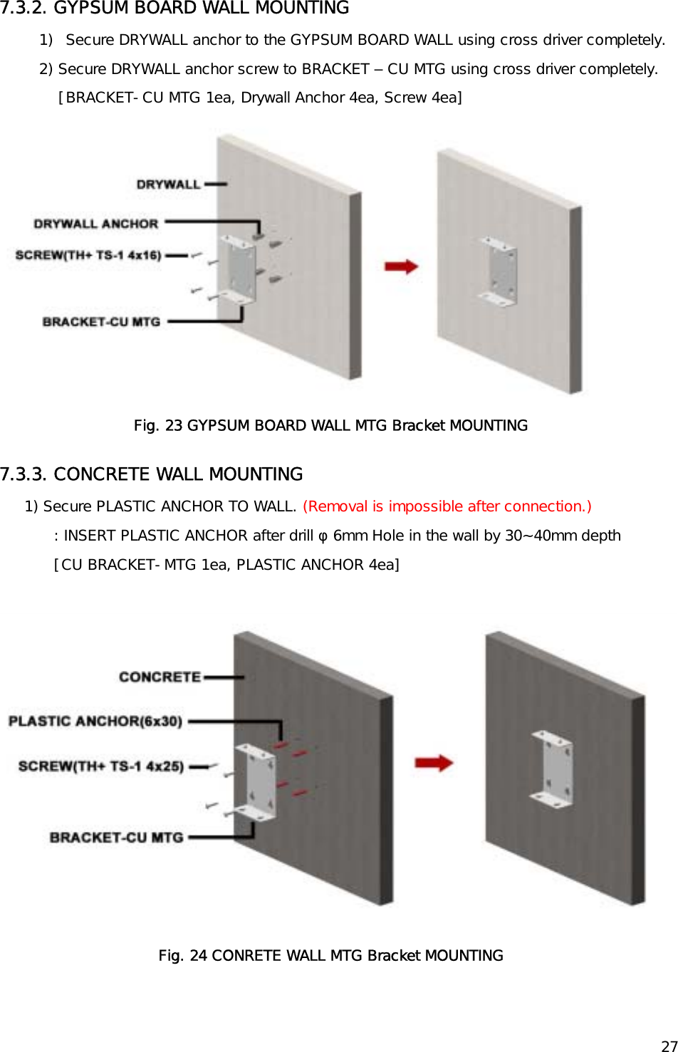   277.3.2. GYPSUM BOARD WALL MOUNTING 1)  Secure DRYWALL anchor to the GYPSUM BOARD WALL using cross driver completely. 2) Secure DRYWALL anchor screw to BRACKET – CU MTG using cross driver completely.  [BRACKET-CU MTG 1ea, Drywall Anchor 4ea, Screw 4ea]  Fig. 23 GYPSUM BOARD WALL MTG Bracket MOUNTING 7.3.3. CONCRETE WALL MOUNTING 1) Secure PLASTIC ANCHOR TO WALL. (Removal is impossible after connection.) : INSERT PLASTIC ANCHOR after drill φ 6mm Hole in the wall by 30~40mm depth  [CU BRACKET-MTG 1ea, PLASTIC ANCHOR 4ea]                 Fig. 24 CONRETE WALL MTG Bracket MOUNTING  
