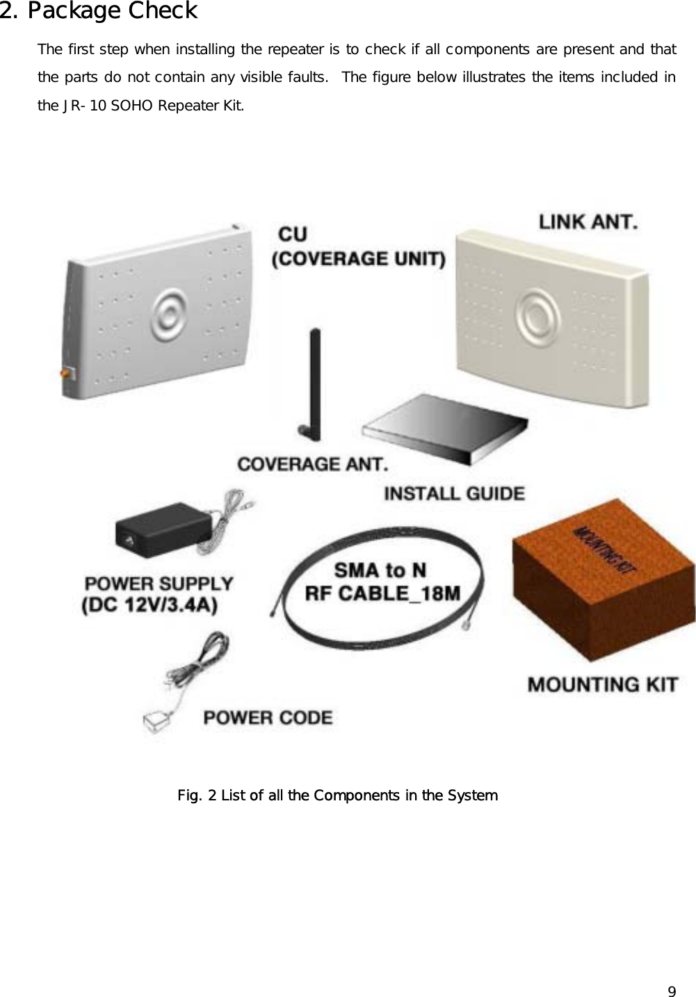   9 2. Package Check  The first step when installing the repeater is to check if all components are present and that the parts do not contain any visible faults.  The figure below illustrates the items included in the JR-10 SOHO Repeater Kit.   Fig. 2 List of all the Components in the System 