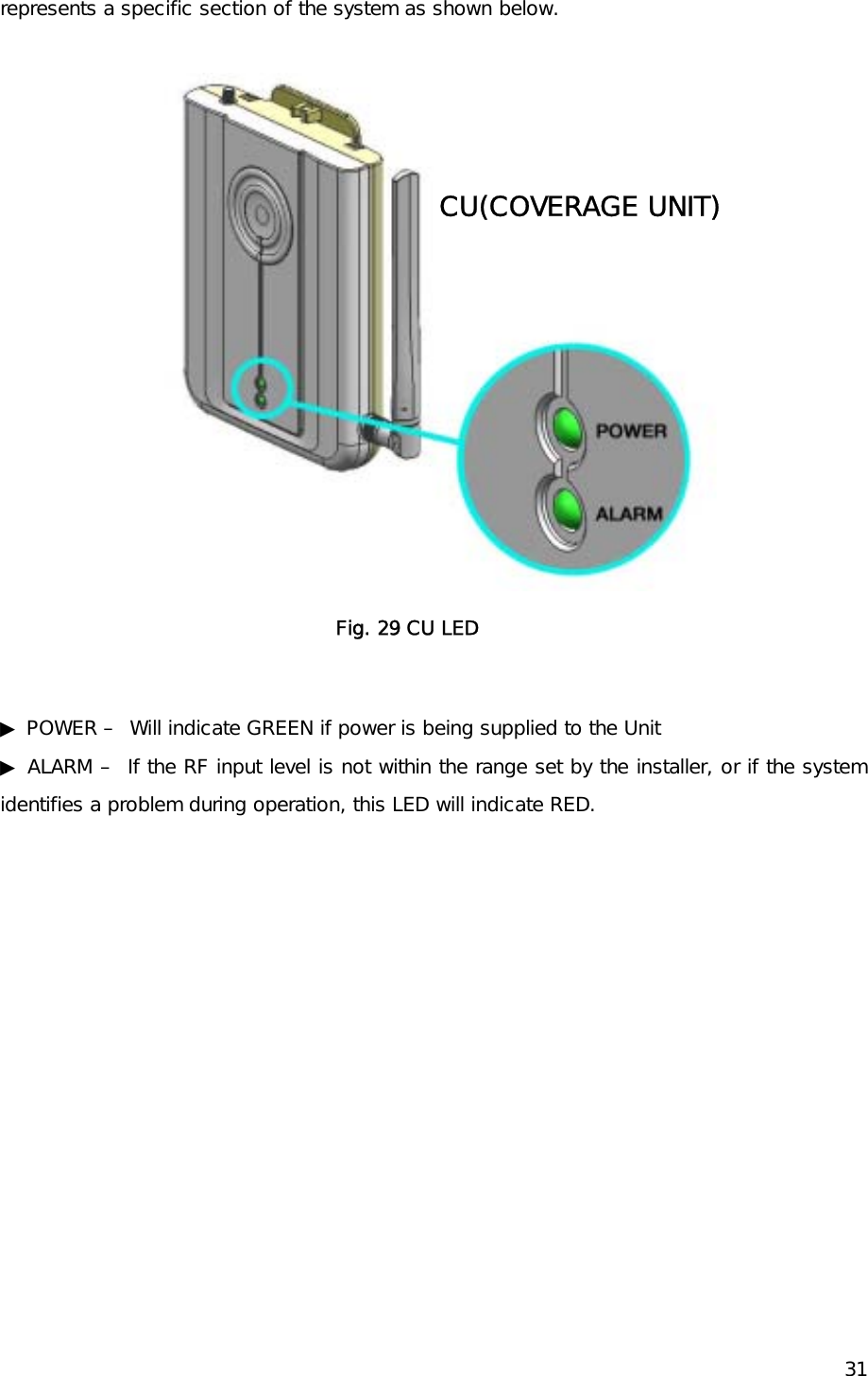    31represents a specific section of the system as shown below.    Fig. 29 CU LED   ▶ POWER –  Will indicate GREEN if power is being supplied to the Unit ▶ ALARM –  If the RF input level is not within the range set by the installer, or if the system identifies a problem during operation, this LED will indicate RED.  CU(COVERAGE UNIT) 