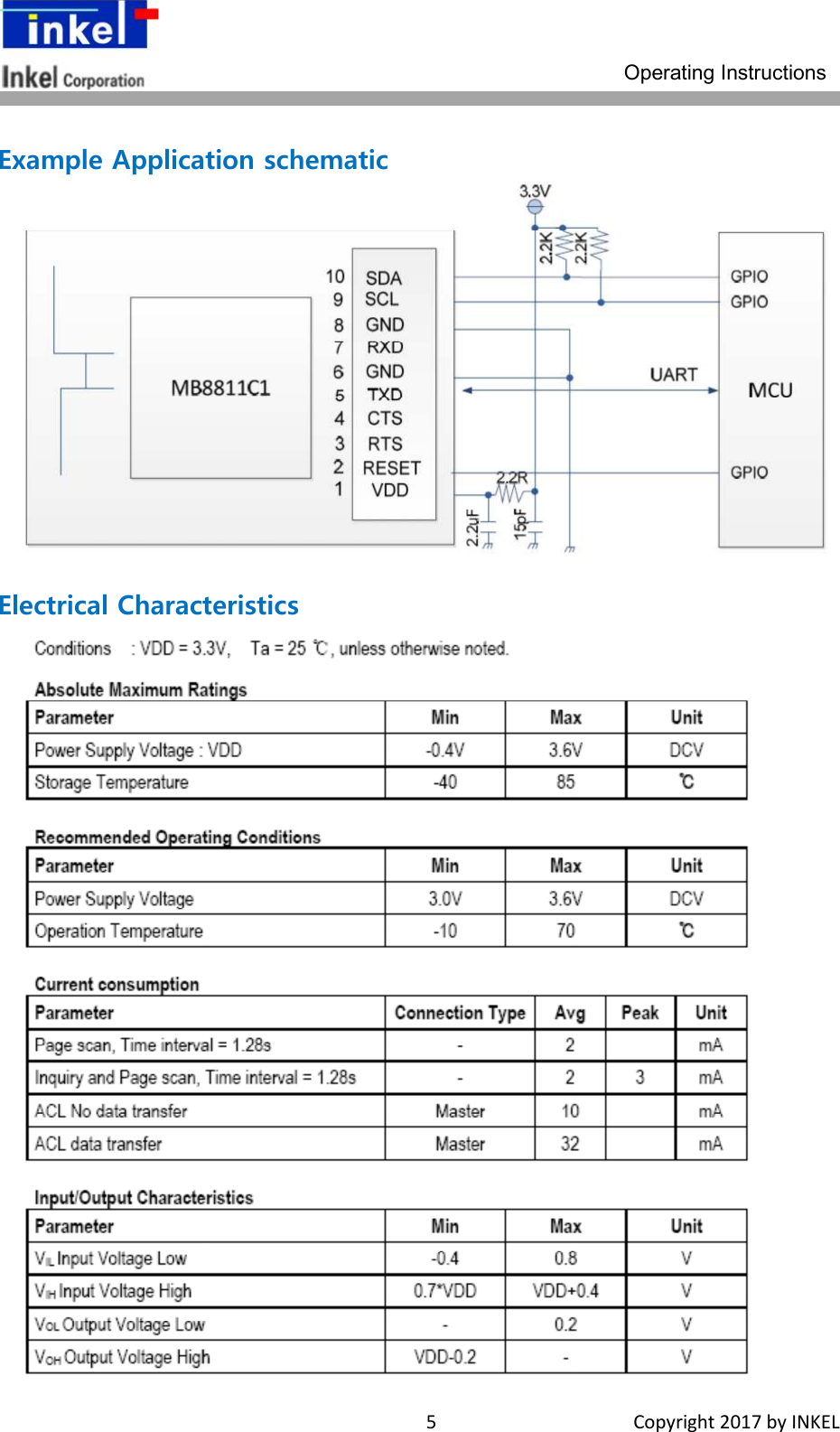 Operating Instructions  5   Copyright 2017 by INKEL Example Application schematic Electrical Characteristics 