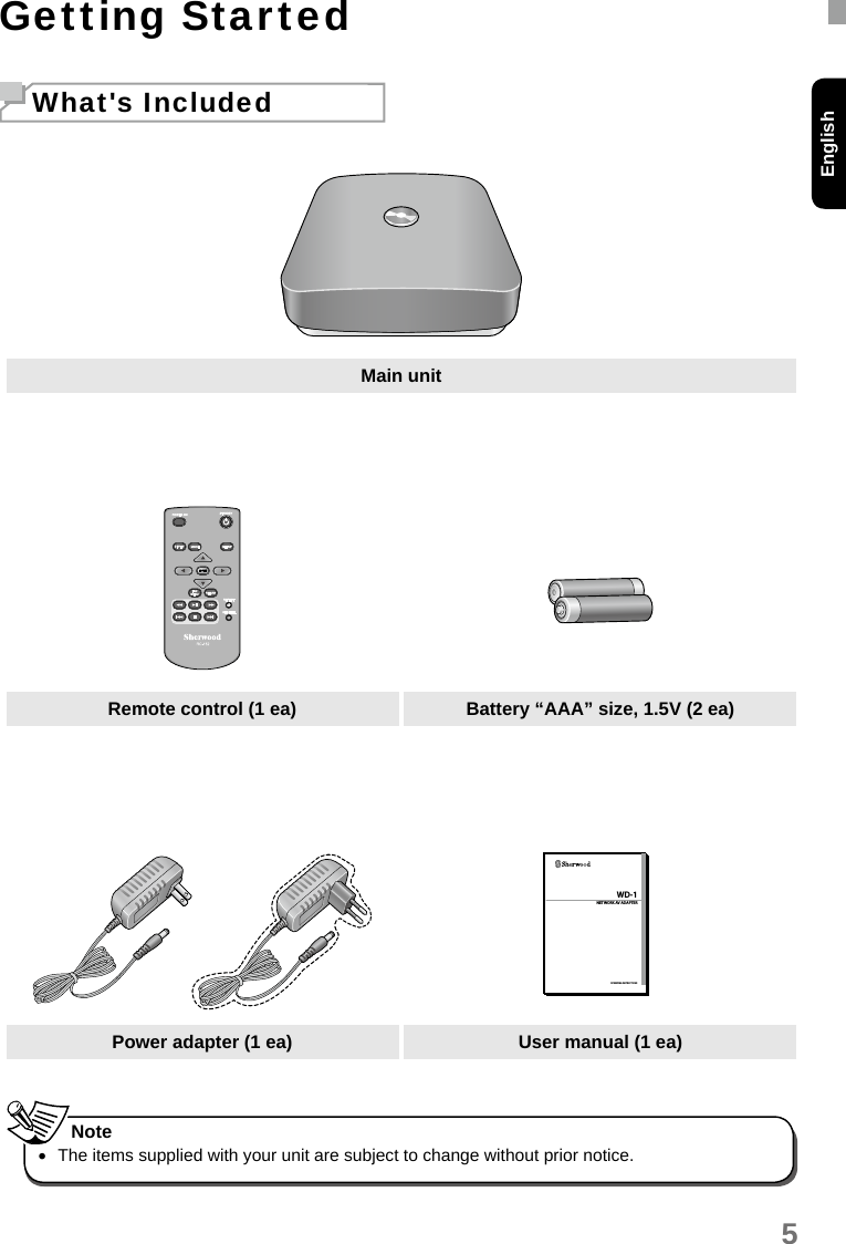 5EnglishGetting StartedWhat&apos;s IncludedMain unitRemote control (1 ea) Battery “AAA” size, 1.5V (2 ea)WD-1 NETWORK AV ADAPTEROPERATING INSTRUCTIONSPower adapter (1 ea) User manual (1 ea) •The items supplied with your unit are subject to change without prior notice. Note