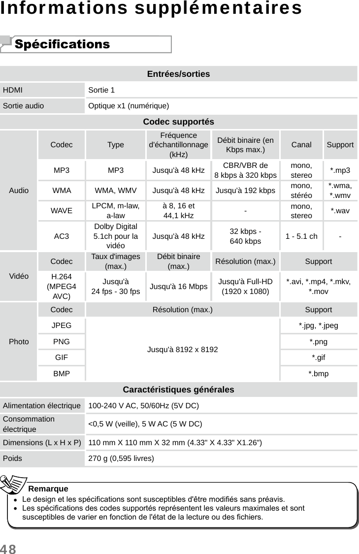 48Informations supplémentairesSpécicationsEntrées/sortiesHDMI Sortie 1Sortie audio Optique x1 (numérique)Codec supportésAudioCodec TypeFréquence d&apos;échantillonnage (kHz)Débit binaire (en Kbps max.) Canal SupportMP3 MP3 Jusqu&apos;à 48 kHz CBR/VBR de 8 kbps à 320 kbpsmono, stereo *.mp3WMA WMA, WMV Jusqu&apos;à 48 kHz Jusqu&apos;à 192 kbps mono, stéréo*.wma, *.wmvWAVE LPCM, m-law, a-lawà 8, 16 et 44,1 kHz -mono, stereo *.wavAC3Dolby Digital 5.1ch pour la vidéoJusqu&apos;à 48 kHz 32 kbps - 640 kbps 1 - 5.1 ch -VidéoCodec Taux d&apos;images (max.)Débit binaire (max.) Résolution (max.) SupportH.264 (MPEG4 AVC)Jusqu&apos;à  24 fps - 30 fps Jusqu&apos;à 16 Mbps Jusqu&apos;à Full-HD (1920 x 1080)*.avi, *.mp4, *.mkv, *.movPhotoCodec Résolution (max.) SupportJPEGJusqu&apos;à 8192 x 8192*.jpg, *.jpegPNG *.pngGIF *.gifBMP *.bmpCaractéristiques généralesAlimentation électrique 100-240 V AC, 50/60Hz (5V DC)Consommation électrique &lt;0,5 W (veille), 5 W AC (5 W DC)Dimensions (L x H x P) 110 mm X 110 mm X 32 mm (4.33&quot; X 4.33&quot; X1.26&quot;)Poids 270 g (0,595 livres) •Le design et les spécications sont susceptibles d&apos;être modiés sans préavis. •Les spécications des codes supportés représentent les valeurs maximales et sont susceptibles de varier en fonction de l&apos;état de la lecture ou des chiers. Remarque