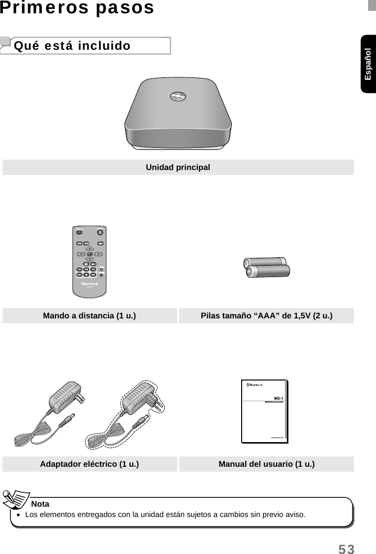 53EspañolPrimeros pasosQué está incluidoUnidad principalMando a distancia (1 u.) Pilas tamaño “AAA” de 1,5V (2 u.)WD-1 NETWORK AV ADAPTEROPERATING INSTRUCTIONSAdaptador eléctrico (1 u.) Manual del usuario (1 u.) •Los elementos entregados con la unidad están sujetos a cambios sin previo aviso. Nota