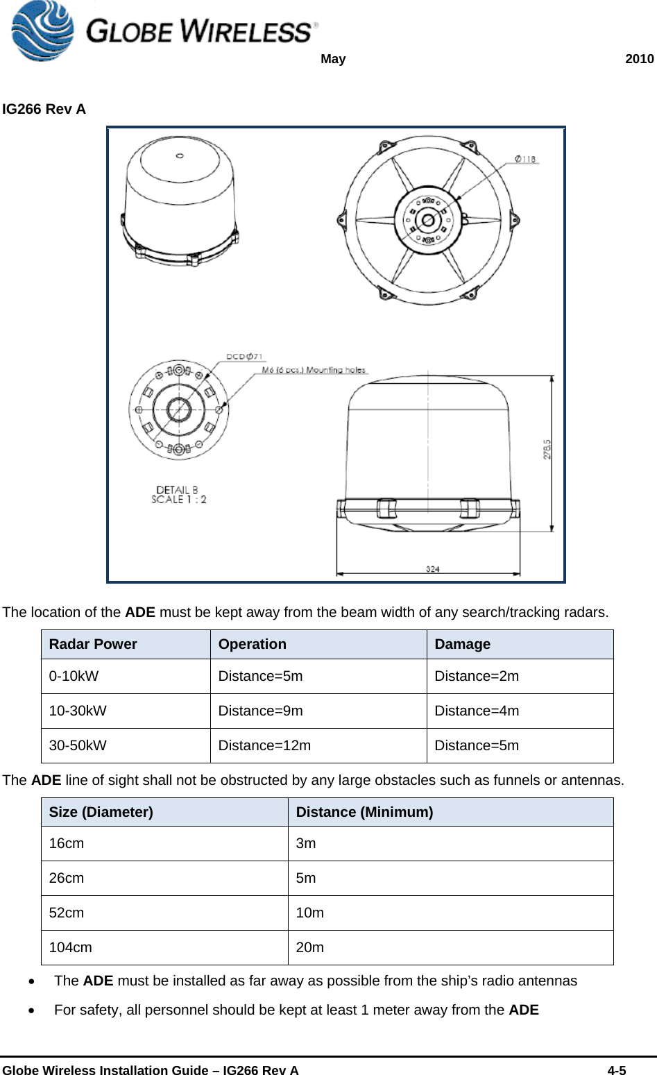 May 2010  IG266 Rev A    Globe Wireless Installation Guide – IG266 Rev A    4-5   The location of the ADE must be kept away from the beam width of any search/tracking radars. Radar Power  Operation  Damage 0-10kW Distance=5m  Distance=2m 10-30kW Distance=9m  Distance=4m 30-50kW Distance=12m  Distance=5m The ADE line of sight shall not be obstructed by any large obstacles such as funnels or antennas.   Size (Diameter)  Distance (Minimum) 16cm 3m 26cm 5m 52cm 10m 104cm 20m  The ADE must be installed as far away as possible from the ship’s radio antennas   For safety, all personnel should be kept at least 1 meter away from the ADE 