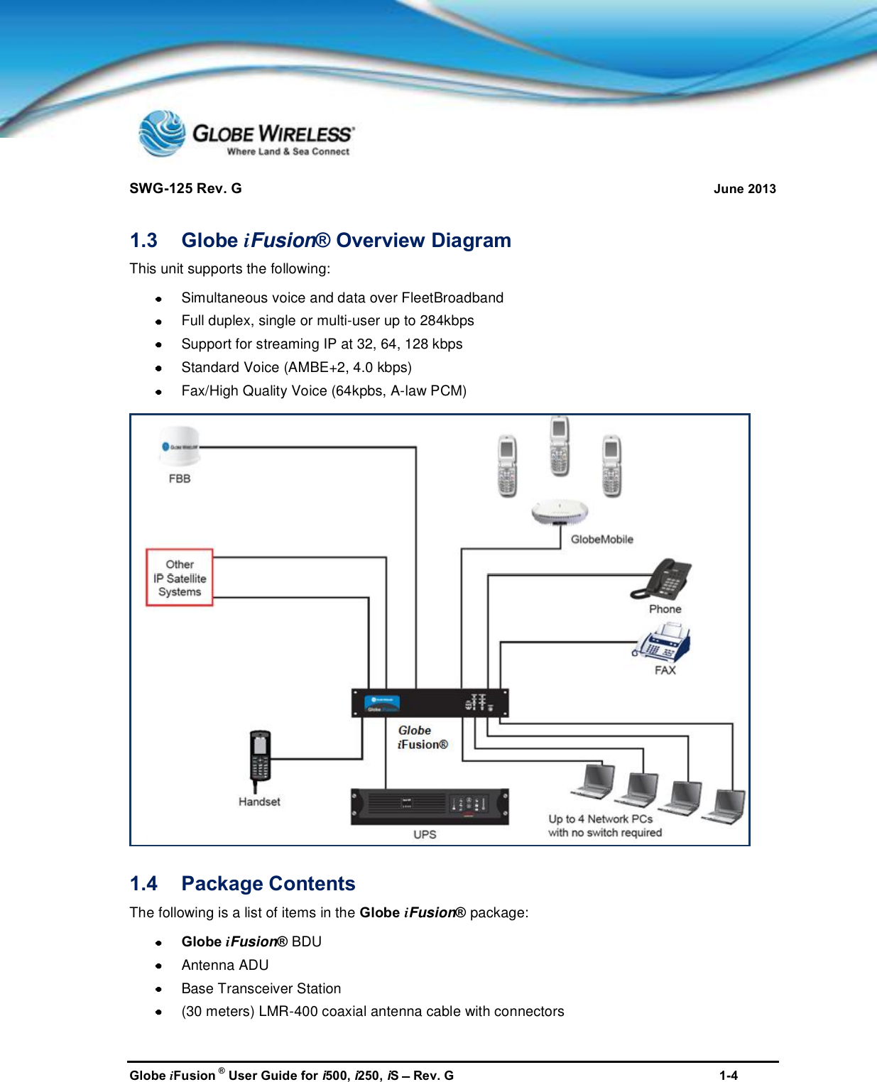 SWG-125 Rev. G June 2013Globe iFusion ®User Guide for i500, i250, iSRev. G 1-41.3 Globe iFusion® Overview DiagramThis unit supports the following:Simultaneous voice and data over FleetBroadbandFull duplex, single or multi-user up to 284kbpsSupport for streaming IP at 32, 64, 128 kbpsStandard Voice (AMBE+2, 4.0 kbps)Fax/High Quality Voice (64kpbs, A-law PCM)1.4 Package ContentsThe following is a list of items in the Globe iFusion®package:Globe iFusion®BDUAntenna ADUBase Transceiver Station(30 meters) LMR-400 coaxial antenna cable with connectors