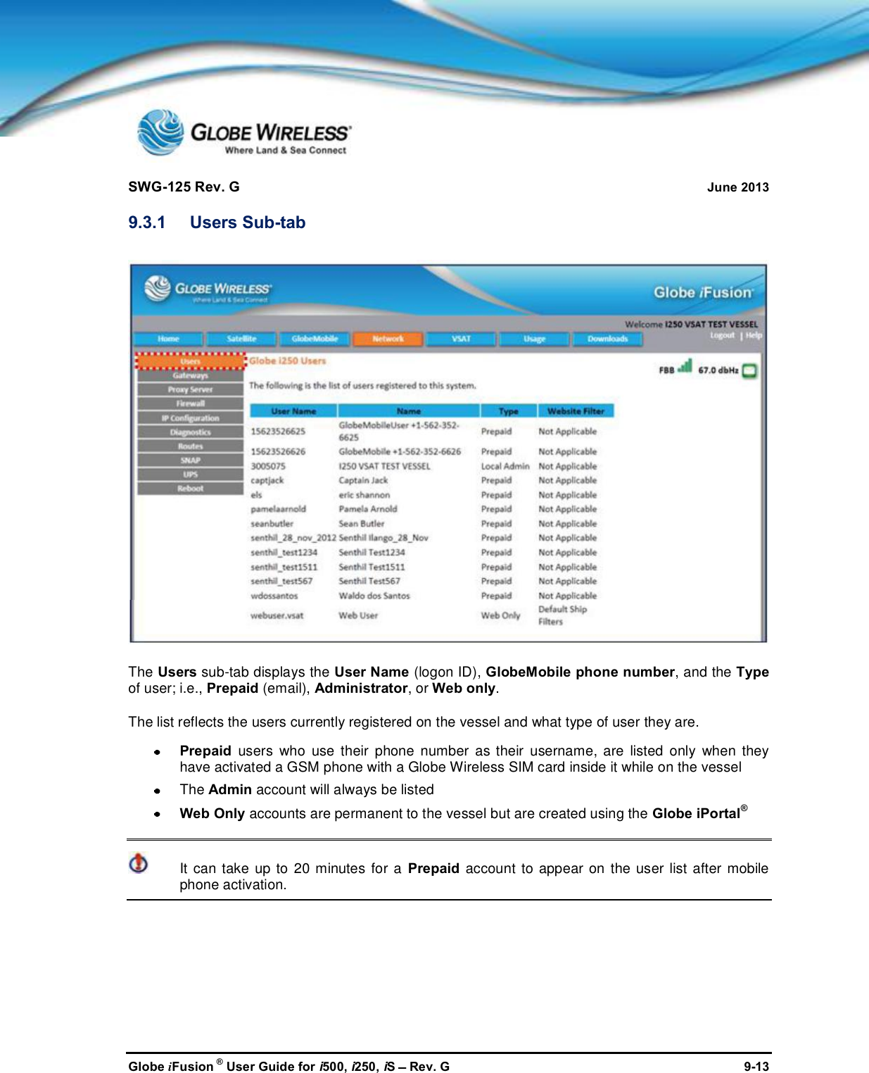 SWG-125 Rev. G June 2013Globe iFusion ®User Guide for i500, i250, iSRev. G 9-139.3.1 Users Sub-tabThe Users sub-tab displays the User Name (logon ID), GlobeMobile phone number, and the Typeof user; i.e., Prepaid (email), Administrator, or Web only.The list reflects the users currently registered on the vessel and what type of user they are.Prepaid users who use their phone number as their username, are listed only when theyhave activated a GSM phone with a Globe Wireless SIM card inside it while on the vesselThe Admin account will always be listedWeb Only accounts are permanent to the vessel but are created using the Globe iPortal®It can take up to 20 minutes for a Prepaid account to appear on the user list after mobilephone activation.