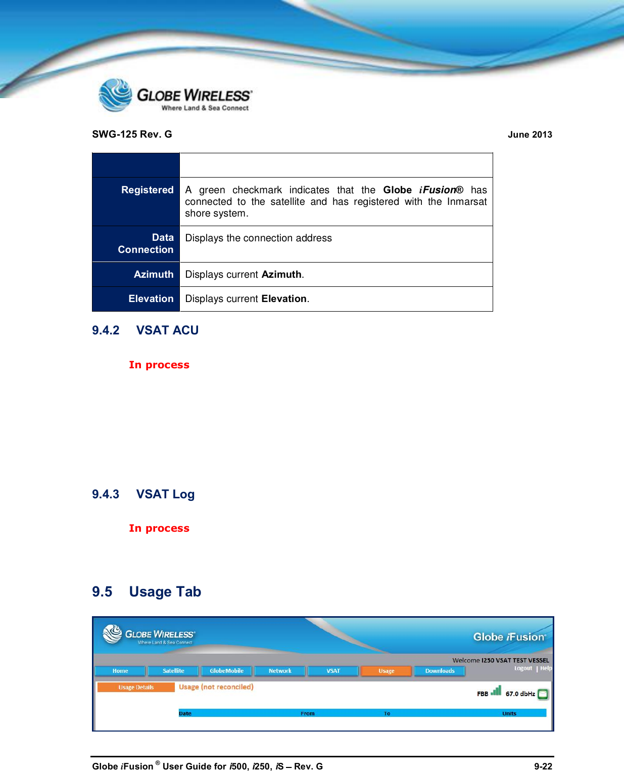 SWG-125 Rev. G June 2013Globe iFusion ®User Guide for i500, i250, iSRev. G 9-22RegisteredA green checkmark indicates that the Globe iFusion®hasconnected to the satellite and has registered with the Inmarsatshore system.DataConnectionDisplays the connection addressAzimuthDisplays current Azimuth.ElevationDisplays current Elevation.9.4.2 VSAT ACUIn process9.4.3 VSAT LogIn process9.5 Usage Tab