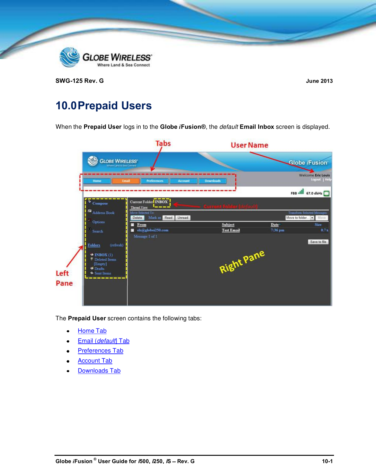 SWG-125 Rev. G June 2013Globe iFusion ®User Guide for i500, i250, iSRev. G 10-110.0Prepaid UsersWhen the Prepaid User logs in to the Globe iFusion®, the default Email Inbox screen is displayed.The Prepaid User screen contains the following tabs:Home TabEmail (default] TabPreferences TabAccount TabDownloads Tab