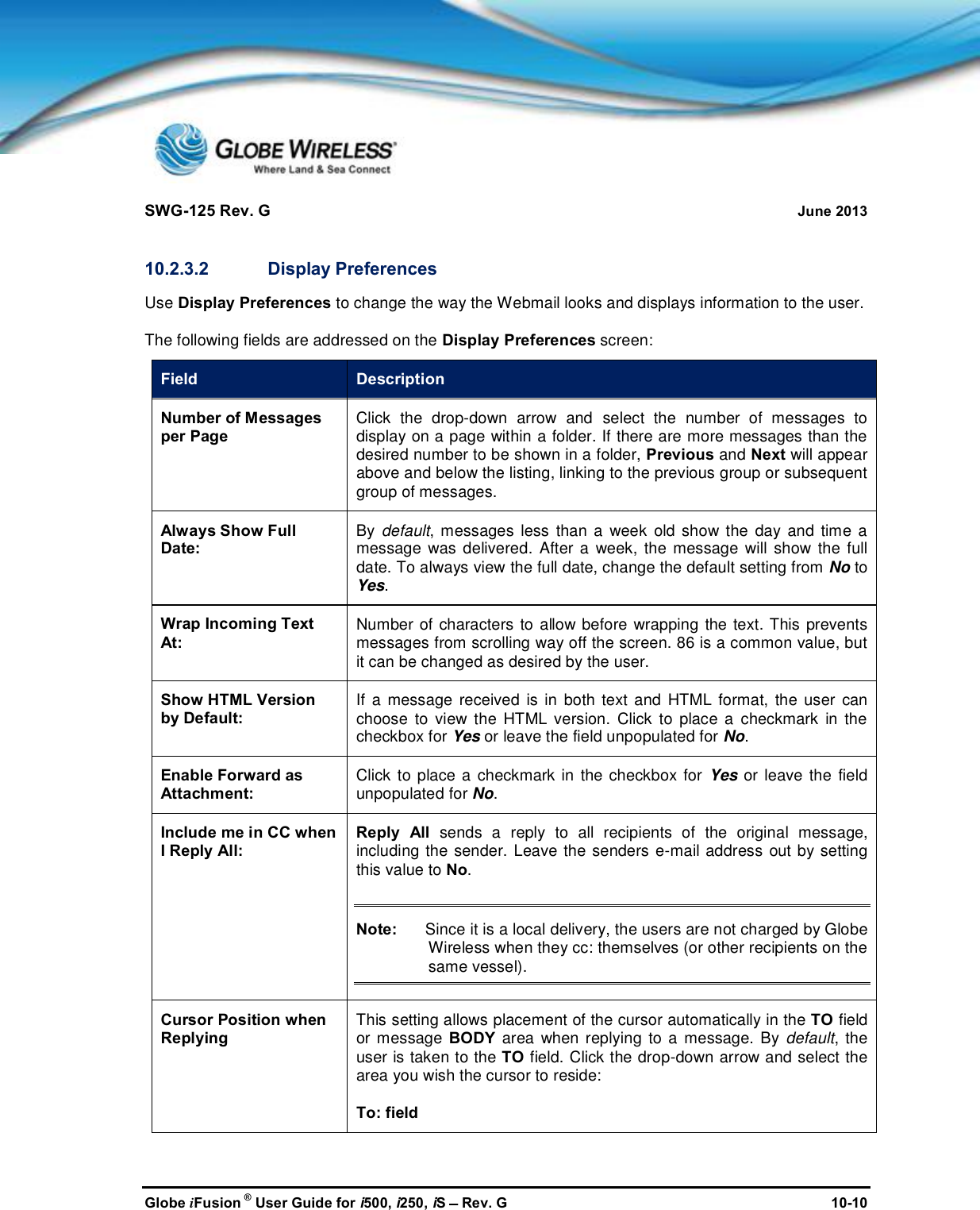 SWG-125 Rev. G June 2013Globe iFusion ®User Guide for i500, i250, iSRev. G 10-1010.2.3.2 Display PreferencesUse Display Preferences to change the way the Webmail looks and displays information to the user.The following fields are addressed on the Display Preferences screen:Field DescriptionNumber of Messagesper PageClick the drop-down arrow andselect the number of messages todisplay on a page within a folder. If there are more messages than thedesired number to be shown in a folder, Previous and Nextwill appearabove and below the listing, linking to the previous group or subsequentgroup of messages.Always Show FullDate:By default, messages less than a week old show the day and time amessage was delivered. After a week, the message will show the fulldate. To always view the full date, change the default setting from NotoYes.Wrap Incoming TextAt:Number of characters to allow before wrapping the text. This preventsmessages from scrolling way off the screen. 86 is a common value, butit can be changed as desired by the user.Show HTML Versionby Default:If a message received is inboth text and HTML format, the user canchoose to view the HTML version. Click to place a checkmark in thecheckbox for Yes or leave the field unpopulated for No.Enable Forward asAttachment:Click to place a checkmark in the checkbox for Yes or leave the fieldunpopulated for No.Include me in CC whenI Reply All:Reply Allsends a reply to all recipients of the original message,including the sender. Leave the senders e-mail address out by settingthis value to No.Note: Since it is a local delivery, the users are not charged by GlobeWireless when they cc: themselves (or other recipients on thesame vessel).Cursor Position whenReplyingThis setting allows placement of the cursor automatically in the TOfieldor message BODY area when replying to a message. By default, theuser is taken to the TO field. Click the drop-down arrow and select thearea you wish the cursor to reside:To: field