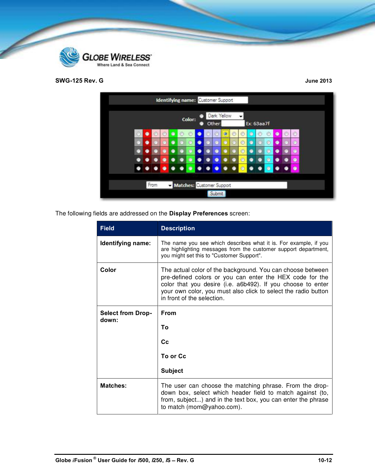 SWG-125 Rev. G June 2013Globe iFusion ®User Guide for i500, i250, iSRev. G 10-12The following fields are addressed on the Display Preferences screen:Field DescriptionIdentifying name:The name you see which describes what it is. For example, if youare highlighting messages from the customer support department,you might set this to &quot;Customer Support&quot;.Color The actual color of the background. You can choose betweenpre-defined colors or you can enter the HEX code for thecolor that you desire (i.e. a6b492). If you choose to enteryour own color, you must also click to select the radio buttonin front of the selection.Select from Drop-down:FromToCcTo or CcSubjectMatches: The user can choose the matching phrase. From the drop-down box, selectwhich header field to match against (to,from, subject...) and in the text box, you can enter the phraseto match (mom@yahoo.com).