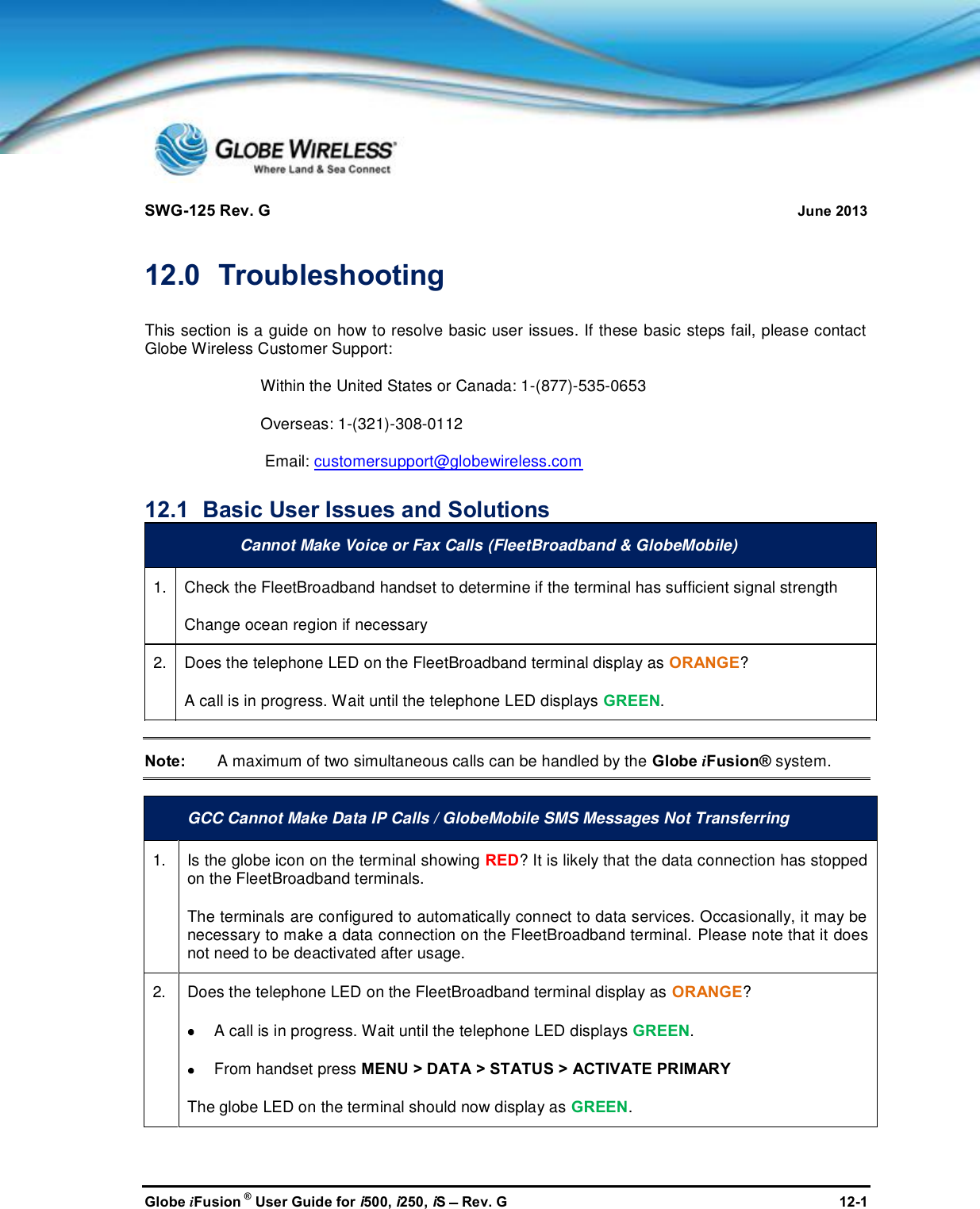 SWG-125 Rev. G June 2013Globe iFusion ®User Guide for i500, i250, iSRev. G 12-112.0 TroubleshootingThis section is a guide on how to resolve basic user issues. If these basic steps fail, please contactGlobe Wireless Customer Support:Within the United States or Canada: 1-(877)-535-0653Overseas: 1-(321)-308-0112Email: customersupport@globewireless.com12.1 Basic User Issues and SolutionsCannot Make Voice or Fax Calls (FleetBroadband &amp; GlobeMobile)1.Check the FleetBroadband handset to determine if the terminal has sufficient signal strengthChange ocean region if necessary2.Does the telephone LED on the FleetBroadband terminal display as ORANGE?A call is in progress. Wait until the telephone LED displays GREEN.Note: A maximum of two simultaneous calls can be handled by the Globe iFusion® system.GCC Cannot Make Data IP Calls / GlobeMobile SMS Messages Not Transferring1.Is the globe icon on the terminal showing RED? It is likely that the data connection has stoppedon the FleetBroadband terminals.The terminals are configured to automatically connect to data services. Occasionally, it may benecessary to make a data connection on the FleetBroadband terminal. Please note that itdoesnot need to be deactivated after usage.2.Does the telephone LED on the FleetBroadband terminal display as ORANGE?A call is in progress. Wait until the telephone LED displays GREEN.From handset press MENU &gt; DATA &gt; STATUS &gt; ACTIVATE PRIMARYThe globe LED on the terminal should now display as GREEN.