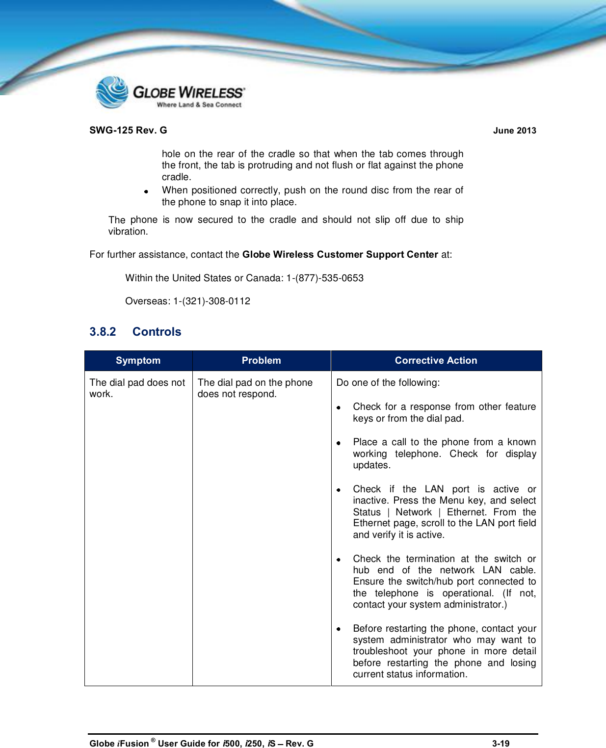 SWG-125 Rev. G June 2013Globe iFusion ®User Guide for i500, i250, iSRev. G 3-19hole on the rear of the cradle so that when the tab comes throughthe front, the tab is protruding and not flush or flat against the phonecradle.When positioned correctly, push on the round disc from the rear ofthe phone to snap it into place.Thephone is now secured to the cradle and should not slip off due to shipvibration.For further assistance, contact the Globe Wireless Customer Support Center at:Within the United States or Canada: 1-(877)-535-0653Overseas: 1-(321)-308-01123.8.2 ControlsSymptom Problem Corrective ActionThedial pad does notwork. The dial pad on the phonedoes not respond. Do one of the following:Check for a response from other featurekeys or from the dial pad.Place a call to the phone from a knownworking telephone. Check for displayupdates.Check if the LAN port is active orinactive. Press the Menu key, and selectStatus | Network | Ethernet. From theEthernet page, scroll to the LAN port fieldand verify it is active.Check the termination at the switch orhub endof the network LAN cable.Ensure the switch/hub port connected tothe telephone is operational. (If not,contact your system administrator.)Before restarting thephone, contact yoursystem administrator who may want totroubleshoot your phone in more detailbefore restarting the phone and losingcurrent status information.