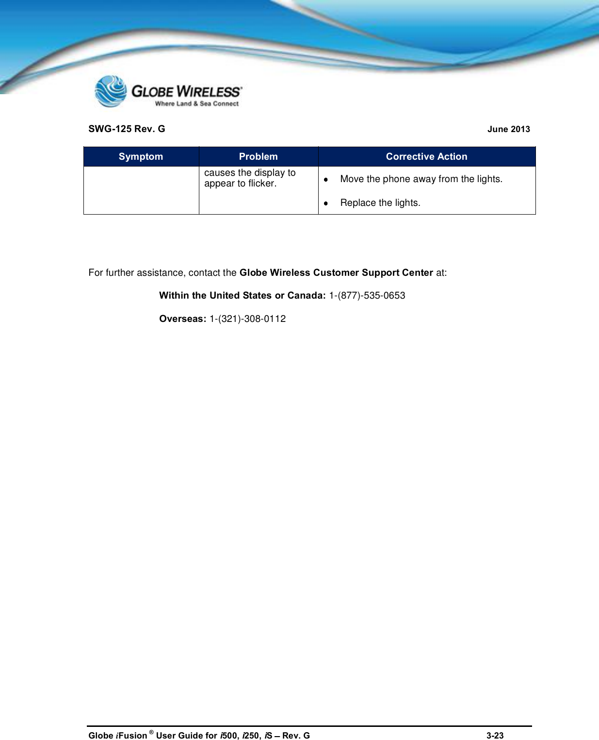 SWG-125 Rev. G June 2013Globe iFusion ®User Guide for i500, i250, iSRev. G 3-23Symptom Problem Corrective Actioncauses the display toappear to flicker. Move the phone away from the lights.Replace the lights.For further assistance, contact the Globe Wireless Customer Support Center at:Within the United States or Canada: 1-(877)-535-0653Overseas: 1-(321)-308-0112