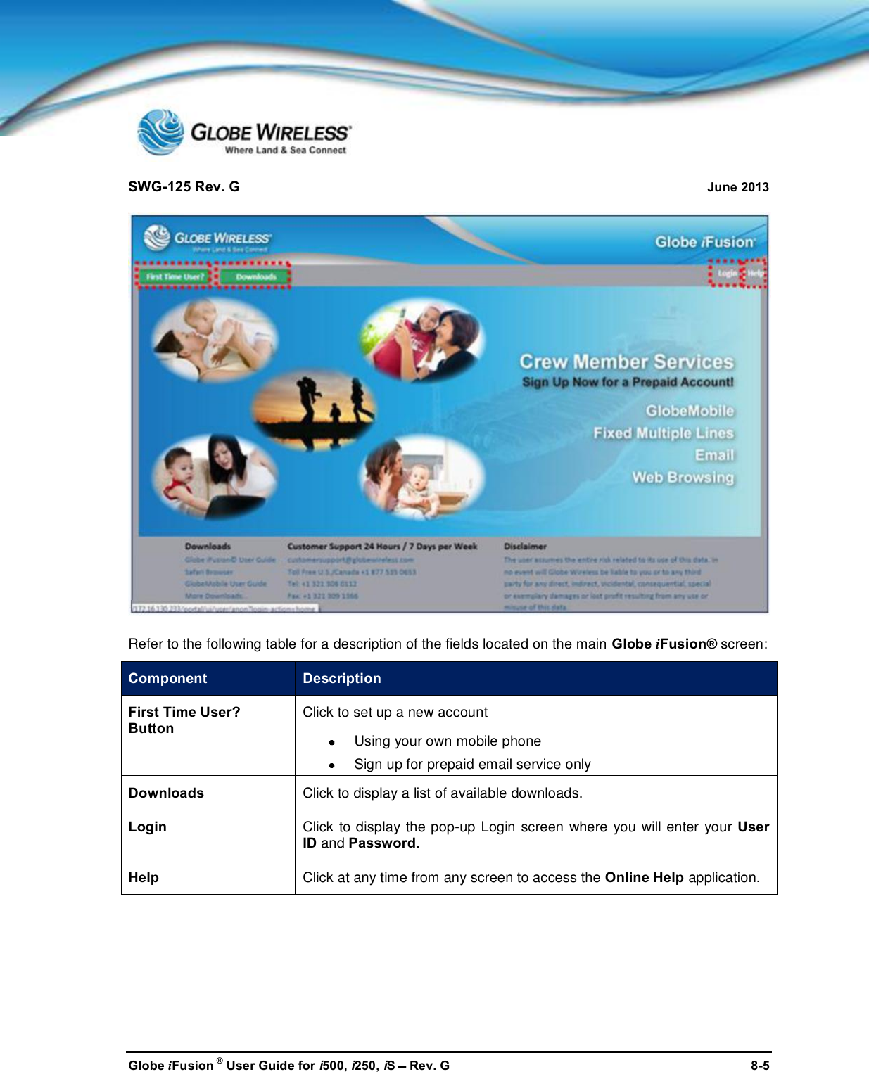 SWG-125 Rev. G June 2013Globe iFusion ®User Guide for i500, i250, iSRev. G 8-5Refer to the following table for a description of the fields located on the main Globe iFusion® screen:Component DescriptionFirst Time User?ButtonClick to set up a new accountUsing your own mobile phoneSign up for prepaid email service onlyDownloads Click to display a list of available downloads.Login Click to display the pop-up Login screen where you will enter yourUserID and Password.Help Click at any time from any screen to access the Online Helpapplication.