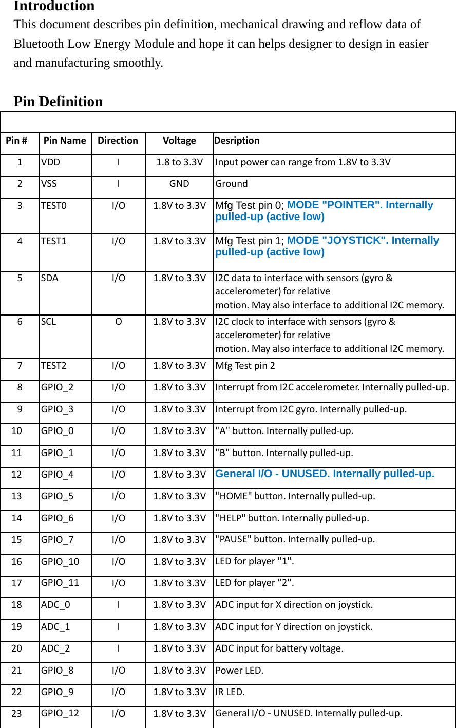 Introduction This document describes pin definition, mechanical drawing and reflow data of Bluetooth Low Energy Module and hope it can helps designer to design in easier and manufacturing smoothly.    Pin Definition     Pin#PinNameDirectionVoltageDesription1VDDI1.8to 3.3V Input power can range from 1.8V to3.3V2VSSIGNDGround3TEST0I/O1.8V to 3.3V Mfg Test pin 0; MODE &quot;POINTER&quot;. Internally pulled-up (active low) 4TEST1I/O1.8V to 3.3V Mfg Test pin 1; MODE &quot;JOYSTICK&quot;. Internally pulled-up (active low) 5SDAI/O1.8V to 3.3V I2C data to interface with sensors (gyro&amp;accelerometer)forrelativemotion.MayalsointerfacetoadditionalI2Cmemory.6SCLO1.8V to 3.3V I2C clock to interface with sensors(gyro&amp;accelerometer)forrelativemotion.MayalsointerfacetoadditionalI2Cmemory.7TEST2I/O1.8V to 3.3V Mfg Test pin 28GPIO_2I/O1.8V to 3.3V Interrupt from I2C accelerometer.Internallypulled‐up.9GPIO_3I/O1.8V to 3.3V Interrupt from I2C gyro. Internallypulled‐up.10GPIO_0I/O1.8V to 3.3V &quot;A&quot; button. Internally pulled‐up.11GPIO_1I/O1.8V to 3.3V &quot;B&quot; button. Internally pulled‐up.12GPIO_4I/O1.8V to 3.3V General I/O - UNUSED. Internally pulled-up. 13GPIO_5I/O1.8V to 3.3V &quot;HOME&quot; button. Internally pulled‐up.14GPIO_6I/O1.8V to 3.3V &quot;HELP&quot; button. Internally pulled‐up.15GPIO_7I/O1.8V to 3.3V &quot;PAUSE&quot; button. Internally pulled‐up.16GPIO_10I/O1.8V to 3.3V LED for player &quot;1&quot;.17GPIO_11I/O1.8V to 3.3V LED for player &quot;2&quot;.18ADC_0I1.8V to 3.3V ADC input for X direction onjoystick.19ADC_1I1.8V to 3.3V ADC input for Y direction onjoystick.20ADC_2I1.8V to 3.3V ADC input for battery voltage.21GPIO_8I/O1.8V to 3.3V Power LED.22GPIO_9I/O1.8V to 3.3V IR LED.23GPIO_12I/O1.8V to 3.3V General I/O ‐UNUSED. Internally pulled‐up.