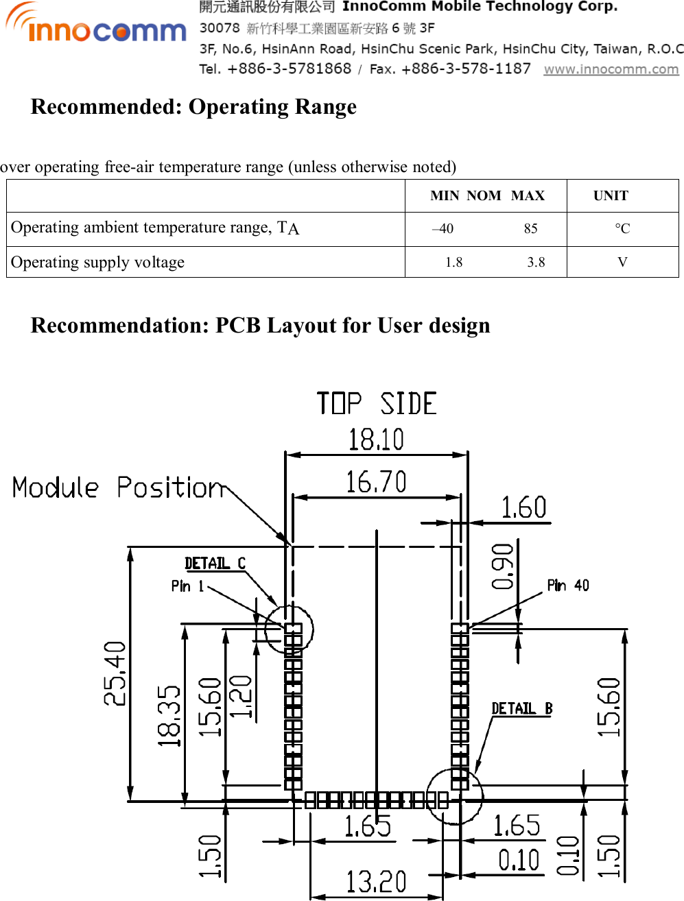  Recommended: Operating Range over operating free-air temperature range (unless otherwise noted)  MIN  NOM  MAX UNIT Operating ambient temperature range, TA –40  85  °C Operating supply voltage  1.8                  3.8  V Recommendation: PCB Layout for User design        