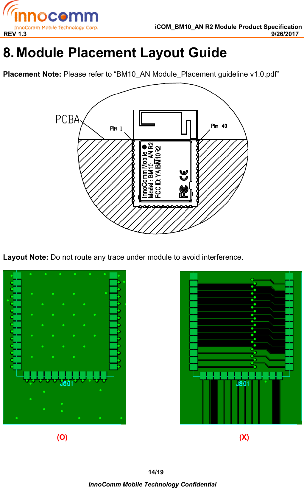   iCOM_BM10_AN R2 Module Product Specification REV 1.3                                                                                                                                              9/26/2017    InnoComm Mobile Technology Confidential 14/19 8. Module Placement Layout Guide Placement Note: Please refer to “BM10_AN Module_Placement guideline v1.0.pdf”    Layout Note: Do not route any trace under module to avoid interference.                                                         (O)                                                                                   (X) 