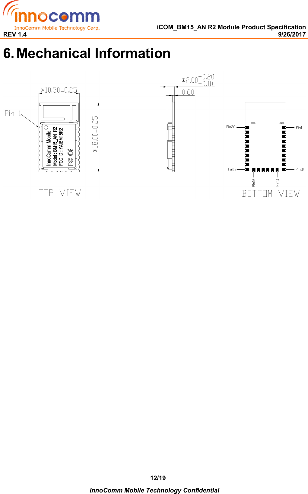   iCOM_BM15_AN R2 Module Product Specification REV 1.4                                                                                                                                                9/26/2017    InnoComm Mobile Technology Confidential 12/19 6. Mechanical Information               