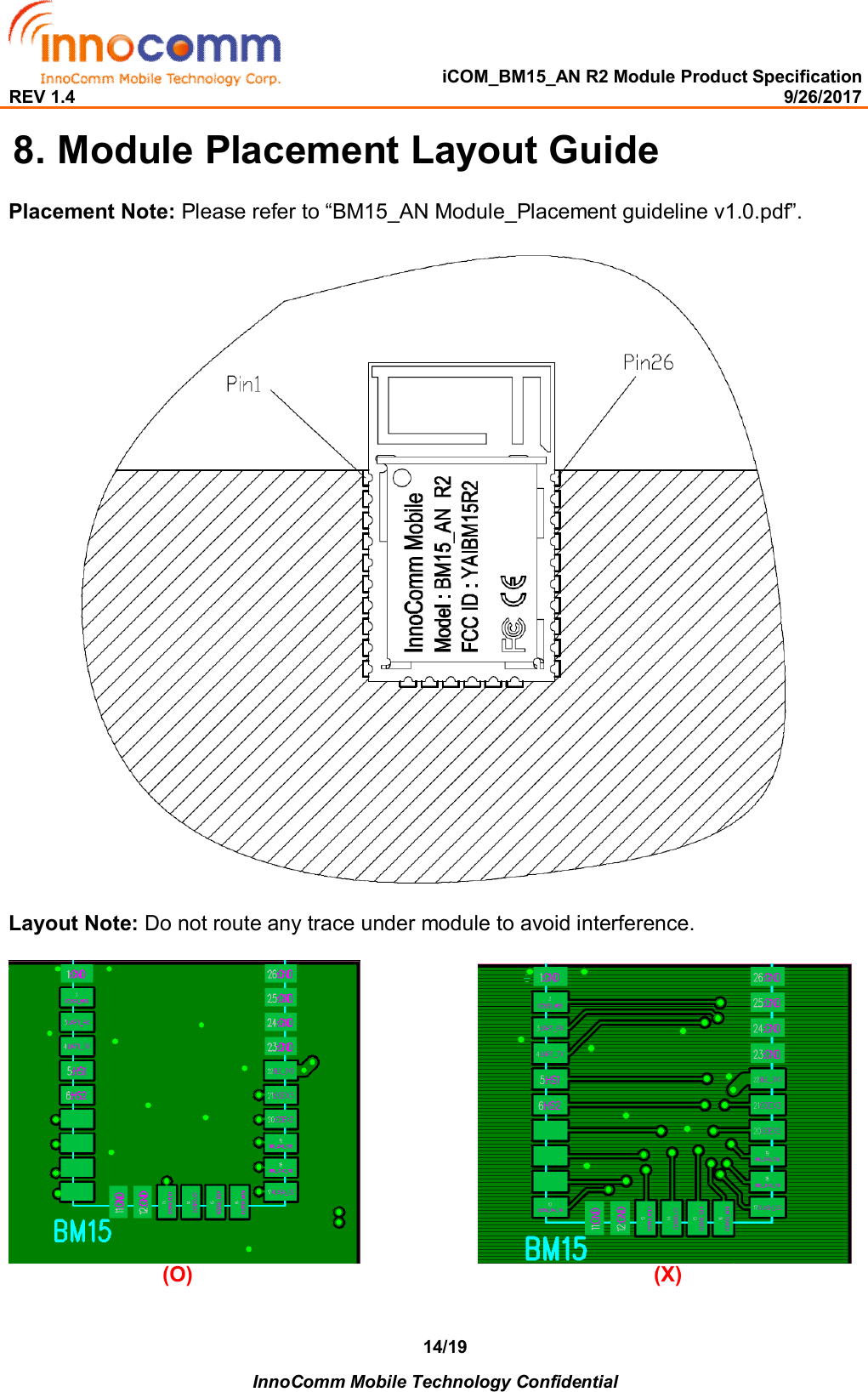   iCOM_BM15_AN R2 Module Product Specification REV 1.4                                                                                                                                                9/26/2017    InnoComm Mobile Technology Confidential 14/19 8.  Module Placement Layout Guide Placement Note: Please refer to “BM15_AN Module_Placement guideline v1.0.pdf”.    Layout Note: Do not route any trace under module to avoid interference.                                                  (O)                                                                              (X)  