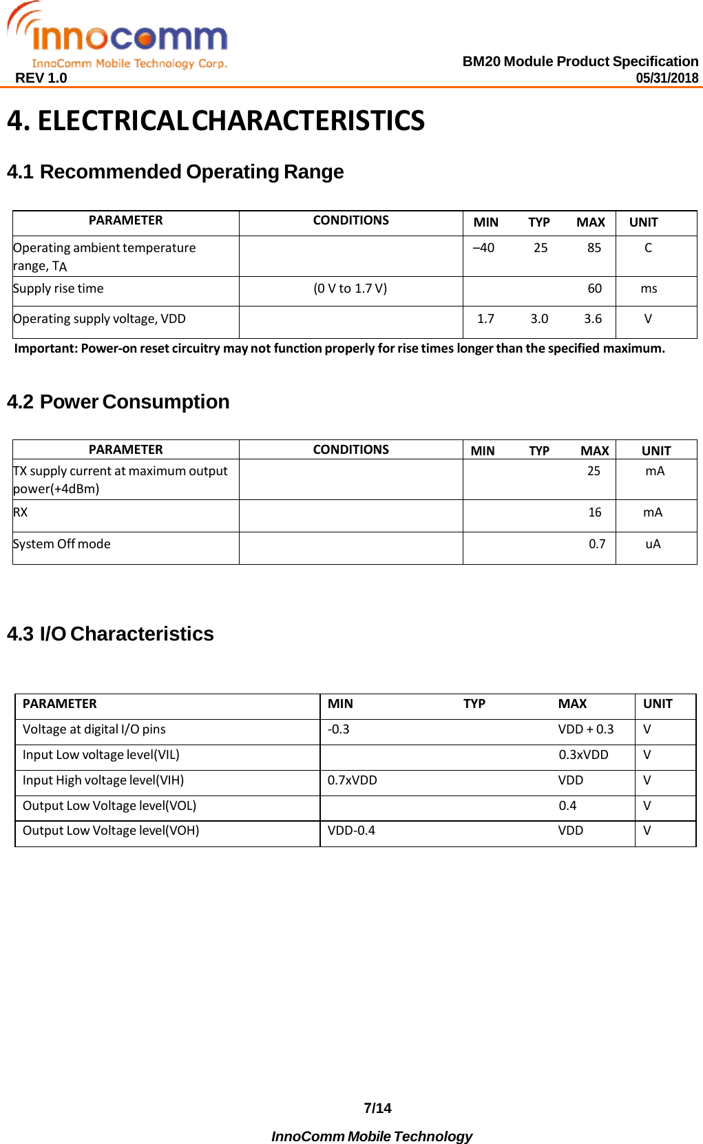 BM20 Module Product Specification 05/31/2018 REV 1.0 7/14 InnoComm Mobile Technology  4.ELECTRICAL CHARACTERISTICS4.1 Recommended Operating Range PARAMETER CONDITIONS MIN TYP MAX UNIT Operating ambient temperature range, TA –40 25 85  C Supply rise time (0 V to 1.7 V) 60 ms Operating supply voltage, VDD 1.7 3.0 3.6  V Important: Power-on reset circuitry may not function properly for rise times longer than the specified maximum. 4.2 Power Consumption PARAMETER CONDITIONS MIN TYP MAX UNIT TX supply current at maximum output power(+4dBm) 25 mA RX 16 mA System Off mode 0.7 uA 4.3 I/O Characteristics PARAMETER MIN TYP MAX UNIT Voltage at digital I/O pins -0.3 VDD + 0.3 V Input Low voltage level(VIL) 0.3xVDD V Input High voltage level(VIH) 0.7xVDD VDD V Output Low Voltage level(VOL) 0.4 V Output Low Voltage level(VOH) VDD-0.4 VDD V 