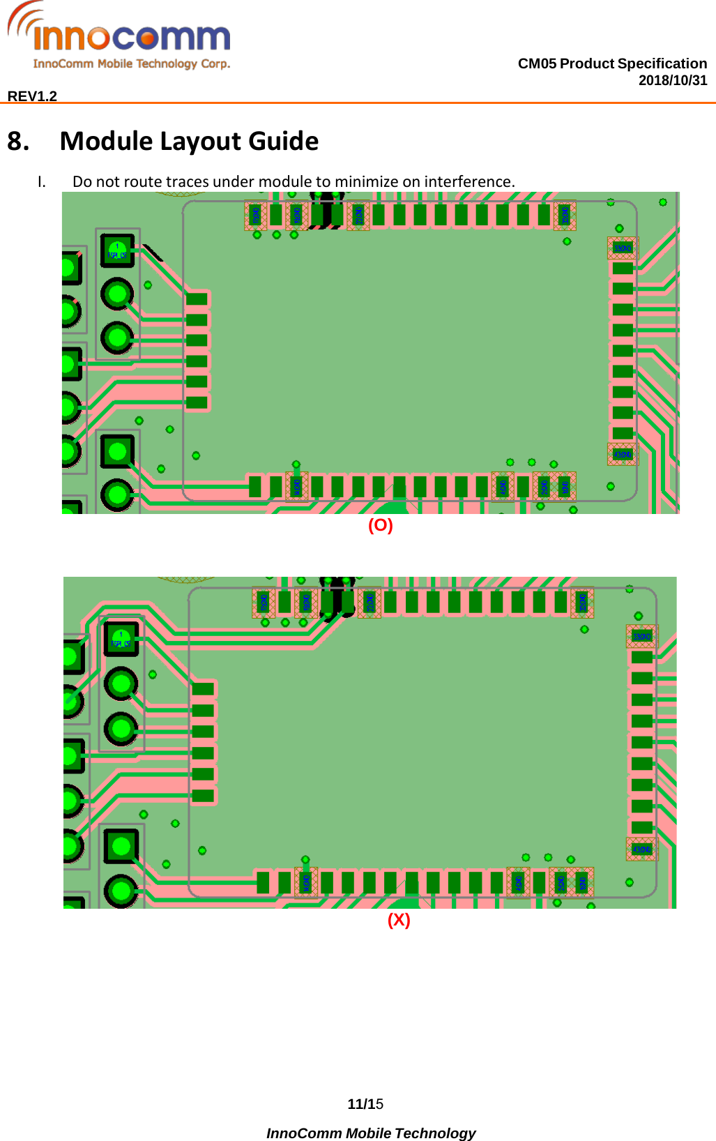 CM05 Product Specification 2018/10/31  REV1.2 11/15              InnoComm Mobile Technology 8. Module Layout GuideI. Do not route traces under module to minimize on interference. (O) (X) 