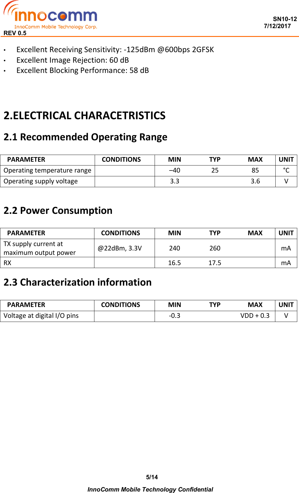  SN10-12                                                                                                                          7/12/2017 REV 0.5    InnoComm Mobile Technology Confidential 5/14•  Excellent Receiving Sensitivity: -125dBm @600bps 2GFSK •  Excellent Image Rejection: 60 dB •  Excellent Blocking Performance: 58 dB    2.ELECTRICAL CHARACETRISTICS 2.1 Recommended Operating Range PARAMETER  CONDITIONS  MIN         TYP           MAX  UNIT Operating temperature range   –40              25                85  °C Operating supply voltage    3.3                        3.6  V  2.2 Power Consumption PARAMETER  CONDITIONS  MIN         TYP           MAX  UNIT TX supply current at maximum output power  @22dBm, 3.3V  240         260    mA RX  16.5  17.5    mA 2.3 Characterization information PARAMETER  CONDITIONS  MIN         TYP           MAX  UNIT Voltage at digital I/O pins    -0.3                            VDD + 0.3  V  