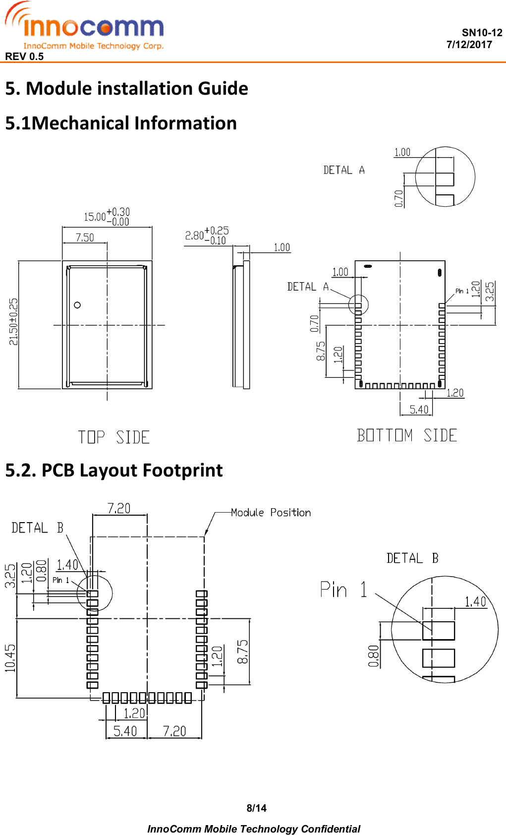  SN10-12                                                                                                                          7/12/2017 REV 0.5    InnoComm Mobile Technology Confidential 8/145. Module installation Guide 5.1Mechanical Information  5.2. PCB Layout Footprint   