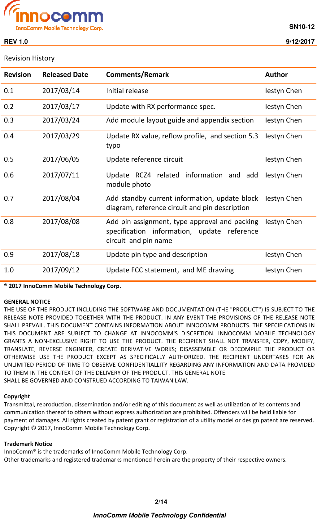                                     SN10-12                                                                                                                              REV 1.0                                                                                                                                                9/12/2017    InnoComm Mobile Technology Confidential 2/14 Revision History Revision  Released Date  Comments/Remark  Author 0.1  2017/03/14  Initial release  Iestyn Chen 0.2  2017/03/17  Update with RX performance spec.  Iestyn Chen 0.3  2017/03/24  Add module layout guide and appendix section  Iestyn Chen 0.4  2017/03/29  Update RX value, reflow profile,  and section 5.3 typo  Iestyn Chen 0.5  2017/06/05  Update reference circuit  Iestyn Chen 0.6  2017/07/11  Update  RCZ4  related  information  and  add module photo Iestyn Chen 0.7  2017/08/04  Add  standby current information,  update block diagram, reference circuit and pin description  Iestyn Chen 0.8  2017/08/08  Add pin assignment, type approval and packing specification  information,  update  reference circuit  and pin name Iestyn Chen 0.9  2017/08/18  Update pin type and description   Iestyn Chen 1.0  2017/09/12  Update FCC statement,  and ME drawing  Iestyn Chen ® 2017 InnoComm Mobile Technology Corp.  GENERAL NOTICE THE USE OF THE PRODUCT INCLUDING THE SOFTWARE AND DOCUMENTATION (THE &quot;PRODUCT&quot;) IS SUBJECT TO THE RELEASE  NOTE  PROVIDED  TOGETHER  WITH  THE  PRODUCT.  IN  ANY  EVENT  THE  PROVISIONS  OF  THE  RELEASE  NOTE SHALL PREVAIL. THIS DOCUMENT CONTAINS INFORMATION ABOUT INNOCOMM PRODUCTS. THE SPECIFICATIONS IN THIS  DOCUMENT  ARE  SUBJECT  TO  CHANGE  AT  INNOCOMM&apos;S  DISCRETION.  INNOCOMM  MOBILE  TECHNOLOGY GRANTS  A  NON-EXCLUSIVE  RIGHT  TO  USE  THE  PRODUCT.  THE  RECIPIENT  SHALL  NOT  TRANSFER,  COPY,  MODIFY, TRANSLATE,  REVERSE  ENGINEER,  CREATE  DERIVATIVE  WORKS;  DISASSEMBLE  OR  DECOMPILE  THE  PRODUCT  OR OTHERWISE  USE  THE  PRODUCT  EXCEPT  AS  SPECIFICALLY  AUTHORIZED.  THE  RECIPIENT  UNDERTAKES  FOR  AN UNLIMITED PERIOD OF TIME TO OBSERVE CONFIDENTIALLITY REGARDING ANY INFORMATION AND DATA PROVIDED TO THEM IN THE CONTEXT OF THE DELIVERY OF THE PRODUCT. THIS GENERAL NOTE SHALL BE GOVERNED AND CONSTRUED ACCORDING TO TAIWAN LAW.  Copyright Transmittal, reproduction, dissemination and/or editing of this document as well as utilization of its contents and communication thereof to others without express authorization are prohibited. Offenders will be held liable for payment of damages. All rights created by patent grant or registration of a utility model or design patent are reserved. Copyright © 2017, InnoComm Mobile Technology Corp.  Trademark Notice InnoComm® is the trademarks of InnoComm Mobile Technology Corp. Other trademarks and registered trademarks mentioned herein are the property of their respective owners.  