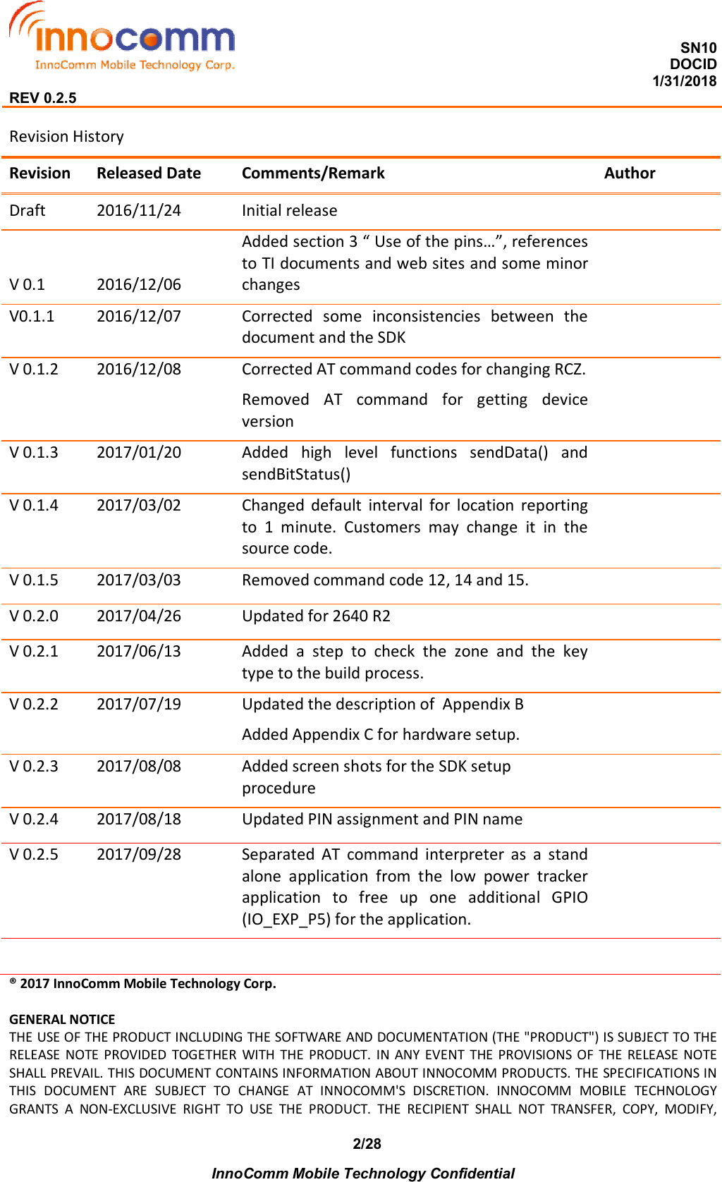  SN10 DOCID                                                                                                                                         1/31/2018 REV 0.2.5    InnoComm Mobile Technology Confidential 2/28Revision History Revision  Released Date  Comments/Remark  Author Draft  2016/11/24  Initial release   V 0.1  2016/12/06 Added section 3 “ Use of the pins…”, references to TI documents and web sites and some minor changes   V0.1.1  2016/12/07  Corrected  some  inconsistencies  between  the document and the SDK  V 0.1.2  2016/12/08  Corrected AT command codes for changing RCZ.  Removed  AT  command  for  getting  device version  V 0.1.3  2017/01/20  Added  high  level  functions  sendData()  and sendBitStatus()  V 0.1.4  2017/03/02  Changed  default  interval  for  location  reporting to  1  minute.  Customers  may  change  it  in  the source code.  V 0.1.5  2017/03/03  Removed command code 12, 14 and 15.   V 0.2.0  2017/04/26  Updated for 2640 R2   V 0.2.1  2017/06/13  Added  a  step  to  check  the  zone  and  the  key type to the build process.  V 0.2.2  2017/07/19  Updated the description of  Appendix B Added Appendix C for hardware setup.  V 0.2.3  2017/08/08  Added screen shots for the SDK setup procedure  V 0.2.4  2017/08/18  Updated PIN assignment and PIN name   V 0.2.5  2017/09/28  Separated  AT  command  interpreter  as  a  stand alone  application  from  the  low  power  tracker application  to  free  up  one  additional  GPIO (IO_EXP_P5) for the application.          ® 2017 InnoComm Mobile Technology Corp.  GENERAL NOTICE THE USE OF THE PRODUCT INCLUDING THE SOFTWARE AND DOCUMENTATION (THE &quot;PRODUCT&quot;) IS SUBJECT TO THE RELEASE  NOTE  PROVIDED  TOGETHER  WITH  THE  PRODUCT.  IN  ANY  EVENT  THE  PROVISIONS OF  THE  RELEASE NOTE SHALL PREVAIL. THIS DOCUMENT CONTAINS INFORMATION ABOUT INNOCOMM PRODUCTS. THE SPECIFICATIONS IN THIS  DOCUMENT  ARE  SUBJECT  TO  CHANGE  AT  INNOCOMM&apos;S  DISCRETION.  INNOCOMM  MOBILE  TECHNOLOGY GRANTS  A  NON-EXCLUSIVE  RIGHT  TO  USE  THE  PRODUCT.  THE  RECIPIENT  SHALL  NOT  TRANSFER,  COPY,  MODIFY, 