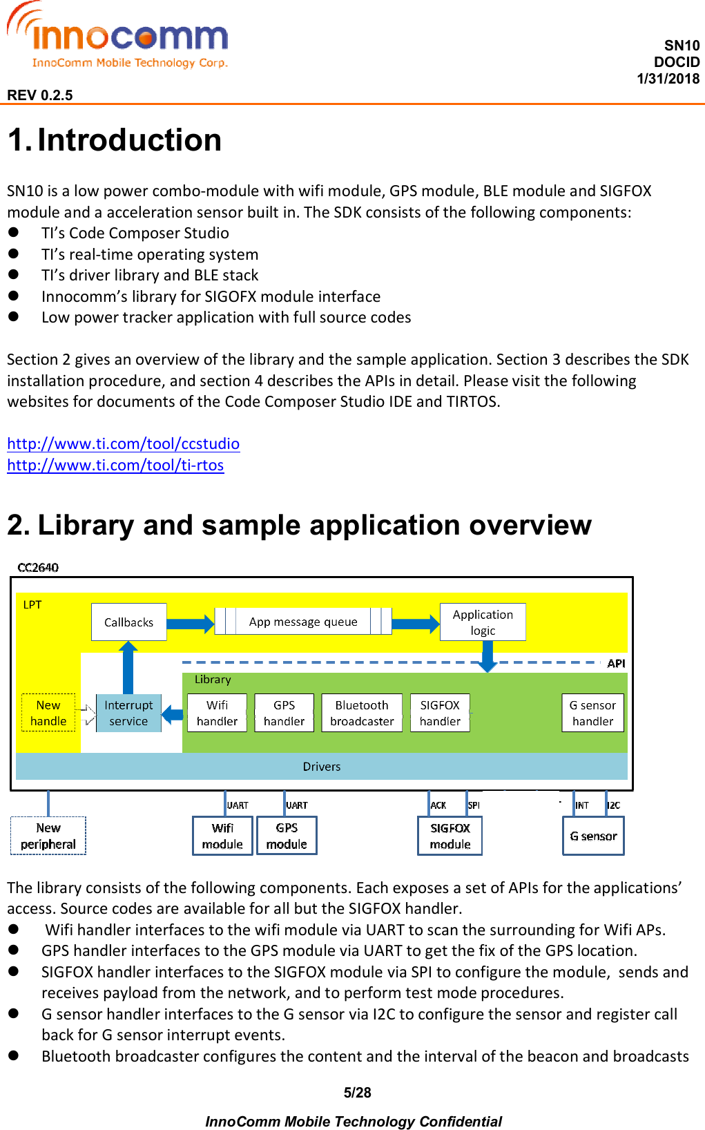  SN10 DOCID                                                                                                                                         1/31/2018 REV 0.2.5    InnoComm Mobile Technology Confidential 5/281. Introduction SN10 is a low power combo-module with wifi module, GPS module, BLE module and SIGFOX module and a acceleration sensor built in. The SDK consists of the following components:  TI’s Code Composer Studio  TI’s real-time operating system  TI’s driver library and BLE stack  Innocomm’s library for SIGOFX module interface   Low power tracker application with full source codes  Section 2 gives an overview of the library and the sample application. Section 3 describes the SDK installation procedure, and section 4 describes the APIs in detail. Please visit the following websites for documents of the Code Composer Studio IDE and TIRTOS.  http://www.ti.com/tool/ccstudio http://www.ti.com/tool/ti-rtos  2. Library and sample application overview   The library consists of the following components. Each exposes a set of APIs for the applications’ access. Source codes are available for all but the SIGFOX handler.  Wifi handler interfaces to the wifi module via UART to scan the surrounding for Wifi APs.   GPS handler interfaces to the GPS module via UART to get the fix of the GPS location.   SIGFOX handler interfaces to the SIGFOX module via SPI to configure the module,  sends and receives payload from the network, and to perform test mode procedures.  G sensor handler interfaces to the G sensor via I2C to configure the sensor and register call back for G sensor interrupt events.  Bluetooth broadcaster configures the content and the interval of the beacon and broadcasts 