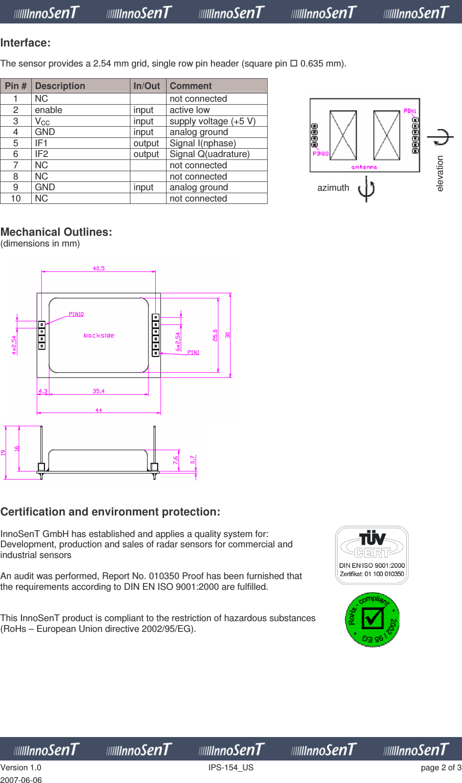   Version 1.0  IPS-154_US  page 2 of 3 2007-06-06 Interface:  The sensor provides a 2.54 mm grid, single row pin header (square pin  0.635 mm).  Pin # Description  In/Out  Comment   1  NC    not connected 2  enable  input  active low 3  VCC  input  supply voltage (+5 V) 4  GND  input  analog ground 5  IF1  output  Signal I(nphase) 6  IF2  output  Signal Q(uadrature) 7  NC    not connected 8  NC    not connected 9  GND  input  analog ground 10  NC    not connected    Mechanical Outlines: (dimensions in mm)      Certification and environment protection:  InnoSenT GmbH has established and applies a quality system for:  Development, production and sales of radar sensors for commercial and  industrial sensors  An audit was performed, Report No. 010350 Proof has been furnished that  the requirements according to DIN EN ISO 9001:2000 are fulfilled.   This InnoSenT product is compliant to the restriction of hazardous substances  (RoHs – European Union directive 2002/95/EG).          azimuth elevation 