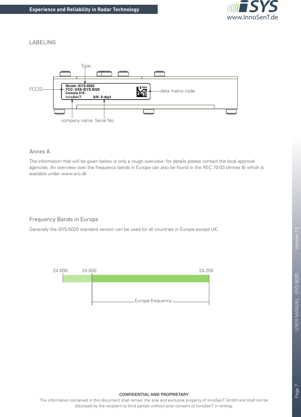 Page 7       USER MANUEL   iSYS-5020    Version 1.5CONFIDENTIAL AND PROPRIETARYThe information contained in this document shall remain the sole and exclusive property of InnoSenT GmbH and shall not be disclosed by the recipient to third parties without prior consent of InnoSenT in writing.Experience and Reliability in Radar Technologywww.InnoSenT.deTypecompany name Serial No.FCCID data matrix codeLABELINGAnnex AThe information that will be given below is only a rough overview; for details please contact the local approval agencies. An overview over the frequency bands in Europe can also be found in the REC 70-03 (Annex 6) which is available under www.ero.dkFrequency Bands in EuropeGenerally the iSYS-5020 standard version can be used for all countries in Europe except UK.24.000 24.050 24.250Europe-frequency