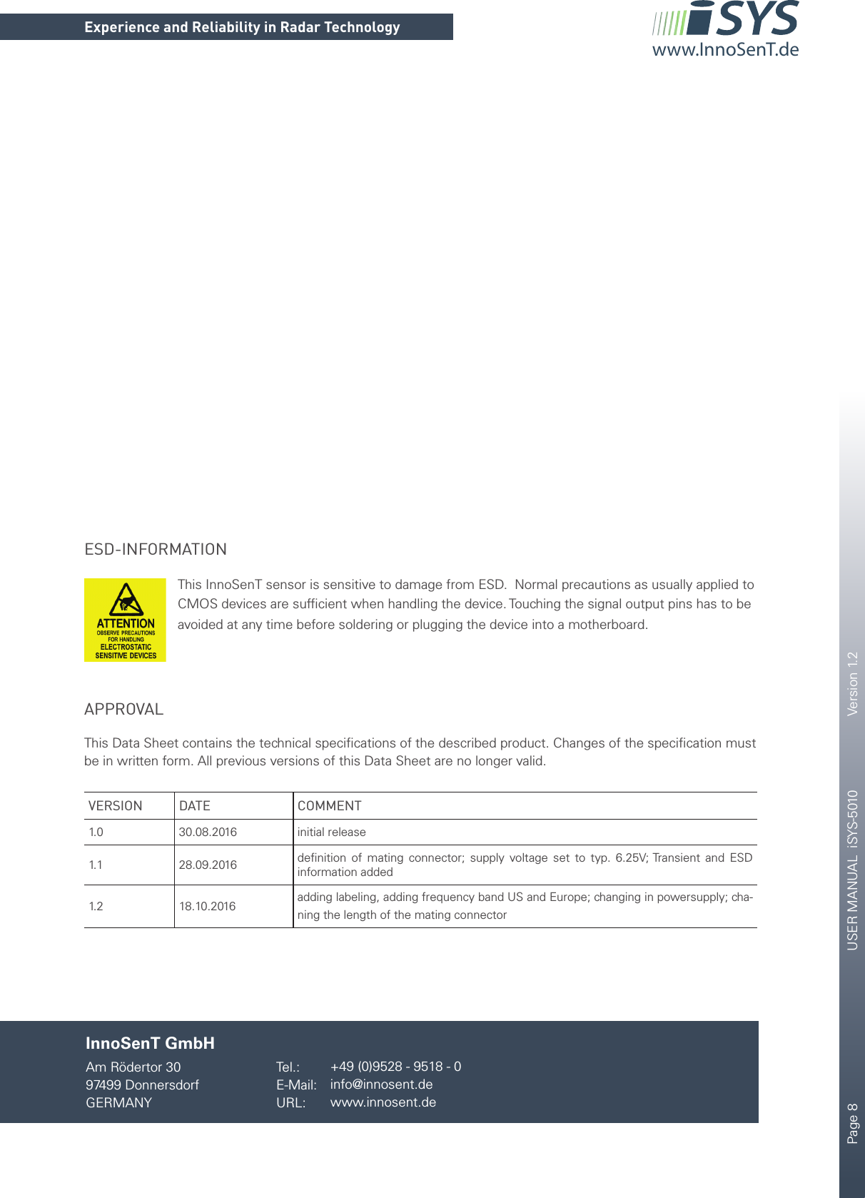 Page 8       USER MANUAL  iSYS-5010    Version 1.2    CONFIDENTIAL AND PROPRIETARYThe information contained in this document shall remain the sole and exclusive property of InnoSenT GmbH and shall not be disclosed by the recipient to third parties without prior consent of InnoSenT in writing.Experience and Reliability in Radar Technologywww.InnoSenT.deAPPROVALThis Data Sheet contains the technical speciﬁcations of the described product. Changes of the speciﬁcation must be in written form. All previous versions of this Data Sheet are no longer valid. VERSION DATE COMMENT1. 0 30.08.2016 initial release1. 1 28.09.2016 deﬁnition of mating connector; supply voltage set to typ. 6.25V; Transient and ESD information added1. 2 18.10.2016 adding labeling, adding frequency band US and Europe; changing in powersupply; cha-ning the length of the mating connectorInnoSenT GmbHAm Rödertor 3097499 DonnersdorfGERMANYTel.:E-Mail:URL:+49 (0)9528 - 9518 - 0info@innosent.dewww.innosent.deESD-INFORMATIONThis InnoSenT sensor is sensitive to damage from ESD.  Normal precautions as usually applied to CMOS devices are sufﬁcient when handling the device. Touching the signal output pins has to be avoided at any time before soldering or plugging the device into a motherboard.