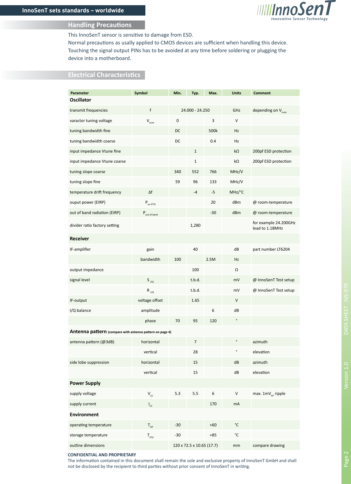 InnoSenT sets standards – worldwidePage 2        Version 1.0      DATA SHEET   IVS-979Oscillatortransmit frequencies f 24.000 - 24.250 GHz depending on Vtunevaractor tuning voltage Vtune 0 3 Vtuning bandwidth ﬁ ne DC 500k Hztuning bandwidth coarse DC 0.4 Hzinput impedance Vtune ﬁ ne 1 kΩ 200pf ESD protec# oninput impedance Vtune coarse 1 kΩ 200pf ESD protec# ontuning slope coarse 340 552 766 MHz/Vtuning slope ﬁ ne 59 96 133 MHz/Vtemperature dri$  frequency Δf -4 -5 MHz/°Couput power (EIRP) Pou-ETSI 20 dBm @ room-temperatureout of band radia# on (EIRP) Pout of band -30 dBm @ room-temperaturedivider ra# o factory se&amp;  ng 1,280 for example 24.200GHz lead to 1.18MHzReceiverIF-ampliﬁ er gain 40 dB part number LT6204bandwidth 100 2.5M Hzoutput impedance 100 Ωsignal level S I/Q t.b.d. mV @ InnoSenT Test setupR I/Q t.b.d. mV @ InnoSenT Test setupIF-output voltage oﬀ set 1.65 VI/Q balance amplitude 6 dBphase 70 95 120 °Antenna pa! ern (compare with antenna pa!  ern on page 4)antenna pa* ern (@3dB) horizontal 7 ° azimuthver# cal 28 ° eleva# onside lobe suppression horizontal 15 dB azimuthver# cal 15 dB eleva# onPower Supplysupply voltage VCC 5.3 5.5 6 V max. 1mVPP ripplesupply current ICC 170 mAEnvironmentopera# ng temperature TOP -30 +60 °Cstorage temperature TSTG -30 +85 °Coutline dimensions 120 x 72.5 x 10.65 (17.7) mm compare drawingElectrical Characteris&quot; csParameter Symbol Min. Typ. Max. Units CommentCONFIDENTIAL AND PROPRIETARYThe informa# on contained in this document shall remain the sole and exclusive property of InnoSenT GmbH and shall not be disclosed by the recipient to third par# es without prior consent of InnoSenT in wri# ng.Handling Precau&quot; onsThis InnoSenT sensor is sensi# ve to damage from ESD.Normal precau# ons as usally applied to CMOS devices are suﬃ  cient when handling this device.Touching the signal output PINs has to be avoided at any # me before soldering or plugging the device into a motherboard.