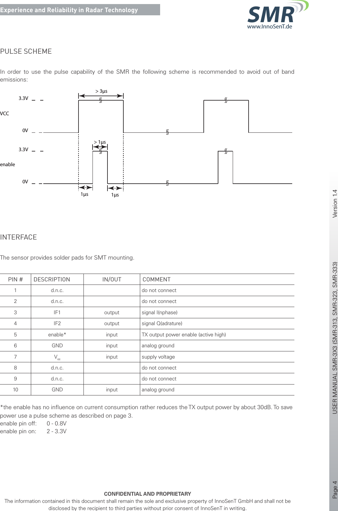 Page 4       USER MANUAL SMR-3X3 (SMR-313, SMR-323, SMR-333)    Version 1.4    CONFIDENTIAL AND PROPRIETARYThe information contained in this document shall remain the sole and exclusive property of InnoSenT GmbH and shall not be disclosed by the recipient to third parties without prior consent of InnoSenT in writing.Experience and Reliability in Radar Technologywww.InnoSenT.deSMRPULSE SCHEMEIn order to use the pulse capability of the SMR the following scheme is recommended to avoid out of band emissions:3.3V&gt; 3µs0VVCC3.3V&gt; 1µs0V1µs 1µsenableINTERFACE The sensor provides solder pads for SMT mounting.PIN # DESCRIPTION IN/OUT COMMENT1 d.n.c. do not connect2 d.n.c. do not connect3 IF1 output signal I(nphase)4 IF2 output signal Q(adrature)5 enable* input TX output power enable (active high)6 GND input analog ground7 Vcc input supply voltage8 d.n.c. do not connect9 d.n.c. do not connect10 GND input analog ground*the enable has no inﬂuence on current consumption rather reduces the TX output power by about 30dB. To save  power use a pulse scheme as described on page 3.enable pin off:  0 - 0.8Venable pin on:  2 - 3.3V