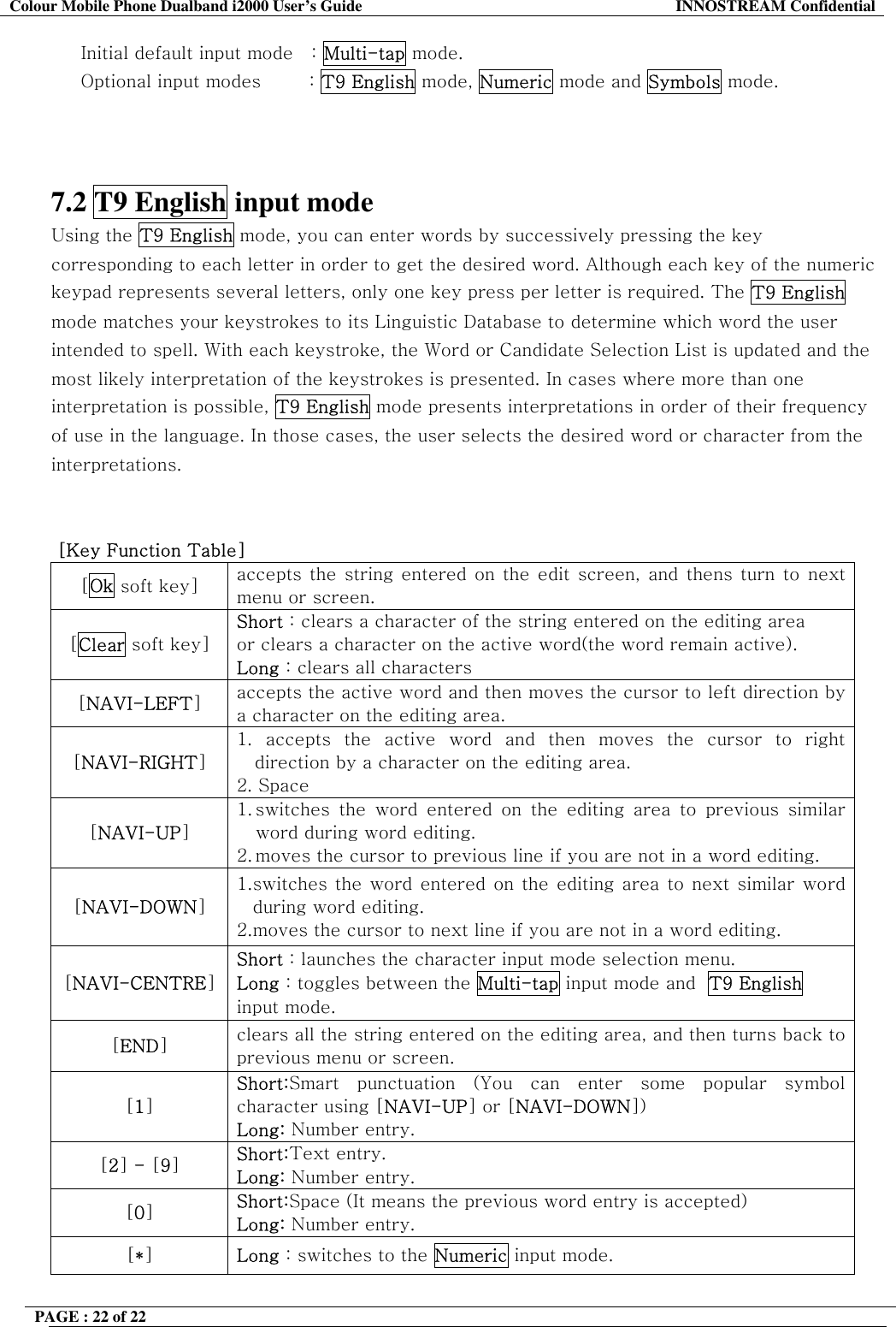Colour Mobile Phone Dualband i2000 User&rsquo;s Guide  INNOSTREAM Confidential PAGE : 22 of 22         Initial default input mode   : Multi-tap mode.      Optional input modes        : T9 English mode, Numeric mode and Symbols mode.    7.2 T9 English input mode  Using the T9 English mode, you can enter words by successively pressing the key corresponding to each letter in order to get the desired word. Although each key of the numeric keypad represents several letters, only one key press per letter is required. The T9 English mode matches your keystrokes to its Linguistic Database to determine which word the user intended to spell. With each keystroke, the Word or Candidate Selection List is updated and the most likely interpretation of the keystrokes is presented. In cases where more than one interpretation is possible, T9 English mode presents interpretations in order of their frequency of use in the language. In those cases, the user selects the desired word or character from the interpretations.    [Key Function Table] [Ok soft key]  accepts the string entered on the edit screen, and thens turn to next menu or screen. [Clear soft key] Short : clears a character of the string entered on the editing area  or clears a character on the active word(the word remain active). Long : clears all characters [NAVI-LEFT] accepts the active word and then moves the cursor to left direction by a character on the editing area. [NAVI-RIGHT] 1. accepts the active word and then moves the cursor to right direction by a character on the editing area. 2. Space [NAVI-UP] 1. switches the word entered on the editing area to previous similar word during word editing. 2. moves the cursor to previous line if you are not in a word editing. [NAVI-DOWN] 1. switches the word entered on the editing area to next similar word during word editing. 2. moves the cursor to next line if you are not in a word editing. [NAVI-CENTRE] Short : launches the character input mode selection menu. Long : toggles between the Multi-tap input mode and  T9 English input mode. [END] clears all the string entered on the editing area, and then turns back to previous menu or screen. [1] Short:Smart punctuation (You can enter some popular symbol character using [NAVI-UP] or [NAVI-DOWN]) Long: Number entry. [2] - [9] Short:Text entry. Long: Number entry. [0] Short:Space (It means the previous word entry is accepted) Long: Number entry. [*] Long : switches to the Numeric input mode. 
