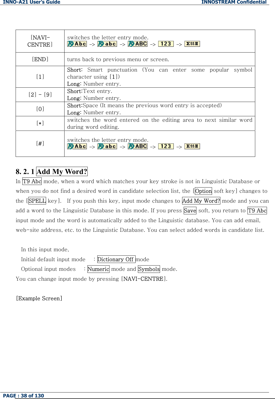 INNO-A21 User&rsquo;s Guide  INNOSTREAM Confidential PAGE : 38 of 130    [NAVI-CENTRE] switches the letter entry mode.  ->   ->   ->   ->   [END] turns back to previous menu or screen. [1] Short:  Smart  punctuation  (You  can  enter  some  popular  symbol character using [1]) Long: Number entry. [2] - [9] Short:Text entry. Long: Number entry. [0] Short:Space (It means the previous word entry is accepted) Long: Number entry. [*] switches  the  word  entered  on  the  editing  area  to  next  similar  word during word editing. [#] switches the letter entry mode.  ->   ->   ->   ->    8. 2. 1 Add My Word? In T9 Abc mode, when a word which matches your key stroke is not in Linguistic Database or when you do not find a desired word in candidate selection list, the [Option soft key] changes to the [SPELL key].    If you push this key, input mode changes to Add My Word? mode and you can add a word to the Linguistic Database in this mode. If you press Save soft, you return to T9 Abc input mode and the word is automatically added to the Linguistic database. You can add email, web-site address, etc. to the Linguistic Database. You can select added words in candidate list.  In this input mode, Initial default input mode      : Dictionary Off mode Optional input modes      : Numeric mode and Symbols mode. You can change input mode by pressing [NAVI-CENTRE].  [Example Screen] 