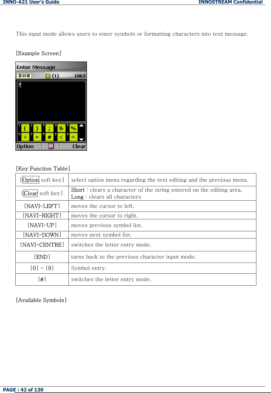 INNO-A21 User&rsquo;s Guide  INNOSTREAM Confidential PAGE : 42 of 130    This input mode allows users to enter symbols or formatting characters into text message.    [Example Screen]   [Key Function Table]   [Option soft key]  select option menu regarding the text editing and the previous menu. [Clear soft key]  Short : clears a character of the string entered on the editing area. Long : clears all characters [NAVI-LEFT] moves the cursor to left. [NAVI-RIGHT] moves the cursor to right. [NAVI-UP] moves previous symbol list. [NAVI-DOWN] moves next symbol list. [NAVI-CENTRE] switches the letter entry mode. [END] turns back to the previous character input mode. [0] - [9] Symbol entry. [#] switches the letter entry mode.  [Available Symbols] 