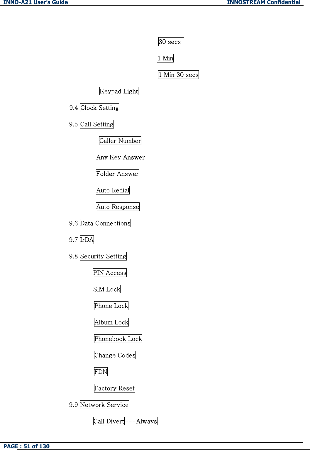 INNO-A21 User&rsquo;s Guide  INNOSTREAM Confidential PAGE : 51 of 130    30 secs                         1 Min 1 Min 30 secs Keypad Light 9.4 Clock Setting 9.5 Call Setting Caller Number Any Key Answer Folder Answer Auto Redial Auto Response 9.6 Data Connections 9.7 IrDA 9.8 Security Setting PIN Access SIM Lock Phone Lock Album Lock Phonebook Lock Change Codes FDN Factory Reset 9.9 Network Service Call Divert---Always 
