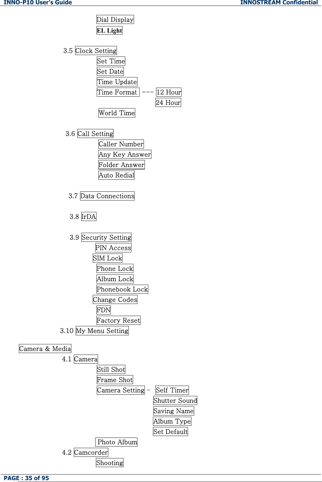 INNO-P10 User&rsquo;s Guide  INNOSTREAM Confidential PAGE : 35 of 95    Dial Display EL Light  3.5 Clock Setting                 Set Time                 Set Date                 Time Update                 Time Format  --- 12 Hour                                            24 Hour World Time                      3.6 Call Setting Caller Number Any Key Answer Folder Answer Auto Redial  3.7 Data Connections  3.8 IrDA  3.9 Security Setting PIN Access                                   SIM Lock Phone Lock Album Lock Phonebook Lock                                   Change Codes FDN Factory Reset                    3.10 My Menu Setting  Camera &amp; Media 4.1 Camera                 Still Shot                 Frame Shot                 Camera Setting &ndash;  Self Timer                                           Shutter Sound                                           Saving Name   Album Type Set Default  Photo Album 4.2 Camcorder Shooting 