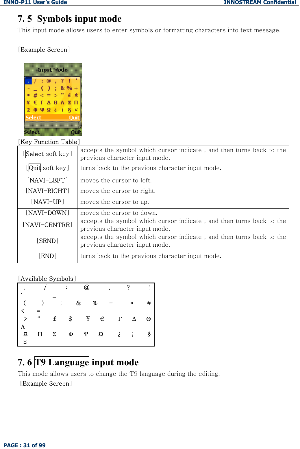 INNO-P11 User&rsquo;s Guide  INNOSTREAM Confidential PAGE : 31 of 99    7. 5  Symbols input mode This input mode allows users to enter symbols or formatting characters into text message.   [Example Screen]   [Key Function Table]  [Select soft key]  accepts the symbol which cursor indicate , and then turns back to the previous character input mode. [Quit soft key]  turns back to the previous character input mode. [NAVI-LEFT] moves the cursor to left. [NAVI-RIGHT] moves the cursor to right. [NAVI-UP] moves the cursor to up. [NAVI-DOWN] moves the cursor to down. [NAVI-CENTRE] accepts the symbol which cursor indicate , and then turns back to the previous character input mode. [SEND] accepts the symbol which cursor indicate , and then turns back to the previous character input mode. [END] turns back to the previous character input mode.  [Available Symbols] .       /       :      @       ,      ?       !  &lsquo;      -      _ (       )       ;      &amp;     %     +       *      #  <      = >     &ldquo;      &pound;      $       &yen;     &euro;       &Gamma;     &Delta;     &Theta; &Lambda; &Xi;     &Pi;     &Sigma;      &Phi;     &Psi;     Ω       &iquest;     &iexcl;       &sect;  &curren;  7. 6 T9 Language input mode This mode allows users to change the T9 language during the editing.  [Example Screen]  