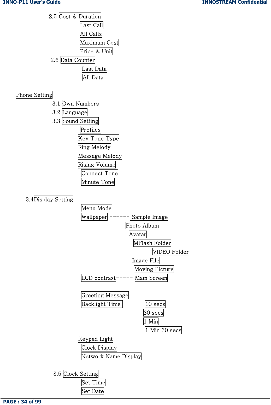 INNO-P11 User&rsquo;s Guide  INNOSTREAM Confidential PAGE : 34 of 99                      2.5 Cost &amp; Duration                                    Last Call                                    All Calls                                    Maximum Cost                                    Price &amp; Unit 2.6 Data Counter                  Last Data                 All Data   Phone Setting 3.1 Own Numbers 3.2 Language  3.3 Sound Setting Profiles                                   Key Tone Type                                   Ring Melody                                   Message Melody                                   Rising Volume Connect Tone Minute Tone    3.4Display Setting Menu Mode  Wallpaper ------ Sample Image  Photo Album Avatar MFlash Folder                                        VIDEO Folder Image File Moving Picture   LCD contrast----- Main Screen  Greeting Message Backlight Time ------ 10 secs                                   30 secs                                    1 Min 1 Min 30 secs                                   Keypad Light Clock Display Network Name Display  3.5 Clock Setting                 Set Time                 Set Date 