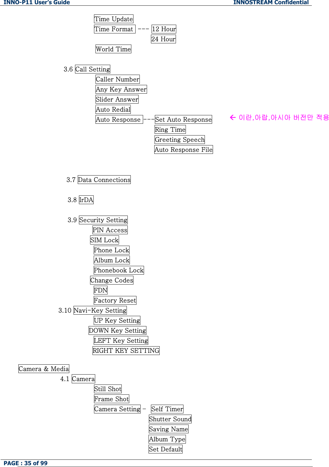 INNO-P11 User&rsquo;s Guide  INNOSTREAM Confidential PAGE : 35 of 99                    Time Update                 Time Format  --- 12 Hour                                            24 Hour World Time                      3.6 Call Setting Caller Number Any Key Answer Slider Answer Auto Redial Auto Response ---Set Auto Response Ring Time Greeting Speech Auto Response File   3.7 Data Connections  3.8 IrDA  3.9 Security Setting PIN Access                                   SIM Lock Phone Lock Album Lock Phonebook Lock                                   Change Codes FDN Factory Reset                    3.10 Navi-Key Setting UP Key Setting  DOWN Key Setting LEFT Key Setting RIGHT KEY SETTING  Camera &amp; Media 4.1 Camera                 Still Shot                 Frame Shot                 Camera Setting &ndash;  Self Timer                                           Shutter Sound                                           Saving Name   Album Type Set Default &Aring; 이란,아랍,아시아 버전만 적용 