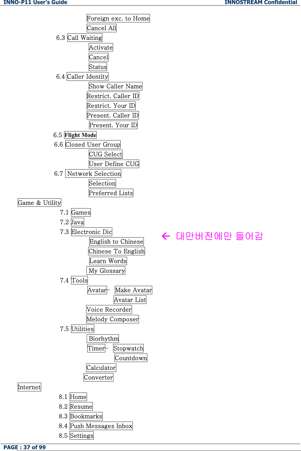 INNO-P11 User&rsquo;s Guide  INNOSTREAM Confidential PAGE : 37 of 99                                      Foreign exc. to Home                                   Cancel All 6.3 Call Waiting                 Activate                 Cancel                 Status 6.4 Caller Identity                 Show Caller Name                                   Restrict. Caller ID                                   Restrict. Your ID                                   Present. Caller ID Present. Your ID 6.5 Flight Mode                   6.6 Closed User Group                                    CUG Select                                    User Define CUG                   6.7  Network Selection                                    Selection                                    Preferred Lists Game &amp; Utility 7.1 Games 7.2 Java 7.3 Electronic Dic        English to Chinese  Chinese To English Learn Words   My Glossary 7.4 Tools Avatar&ndash;  Make Avatar Avatar List Voice Recorder Melody Composer 7.5 Utilities  Biorhythm Timer&ndash;  Stopwatch Countdown Calculator Converter Internet 8.1 Home 8.2 Resume 8.3 Bookmarks 8.4 Push Messages Inbox 8.5 Settings &Aring;  대만버전에만 들어감 