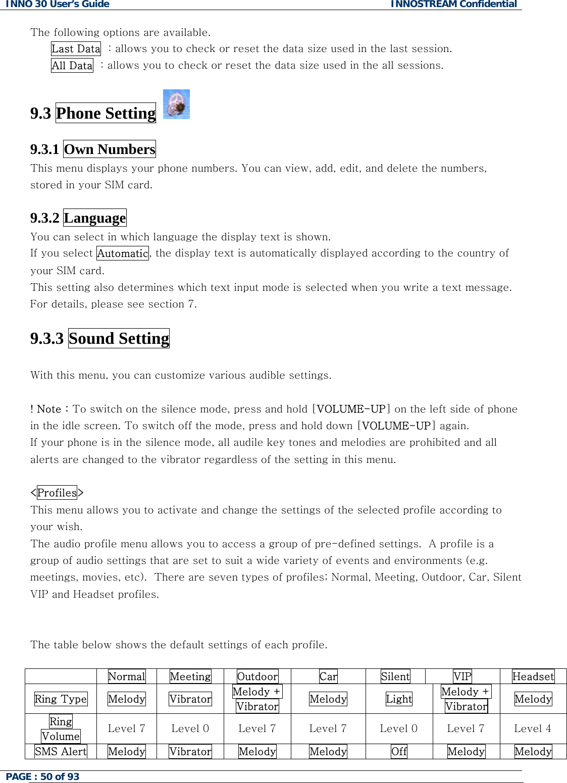 INNO 30 User&rsquo;s Guide  INNOSTREAM Confidential PAGE : 50 of 93   The following options are available. Last Data  : allows you to check or reset the data size used in the last session. All Data  : allows you to check or reset the data size used in the all sessions.  9.3 Phone Setting    9.3.1 Own Numbers   This menu displays your phone numbers. You can view, add, edit, and delete the numbers, stored in your SIM card.  9.3.2 Language   You can select in which language the display text is shown. If you select Automatic, the display text is automatically displayed according to the country of your SIM card. This setting also determines which text input mode is selected when you write a text message. For details, please see section 7.  9.3.3 Sound Setting   With this menu, you can customize various audible settings.                ! Note : To switch on the silence mode, press and hold [VOLUME-UP] on the left side of phone in the idle screen. To switch off the mode, press and hold down [VOLUME-UP] again. If your phone is in the silence mode, all audile key tones and melodies are prohibited and all alerts are changed to the vibrator regardless of the setting in this menu.   <Profiles> This menu allows you to activate and change the settings of the selected profile according to your wish. The audio profile menu allows you to access a group of pre-defined settings.  A profile is a group of audio settings that are set to suit a wide variety of events and environments (e.g. meetings, movies, etc).  There are seven types of profiles; Normal, Meeting, Outdoor, Car, Silent VIP and Headset profiles.     The table below shows the default settings of each profile.   Normal  Meeting  Outdoor  Car  Silent  VIP  Headset Ring Type  Melody  Vibrator  Melody + Vibrator  Melody  Light  Melody + Vibrator  Melody  Ring Volume  Level 7  Level 0  Level 7  Level 7  Level 0  Level 7  Level 4 SMS Alert  Melody  Vibrator  Melody  Melody  Off  Melody  Melody  